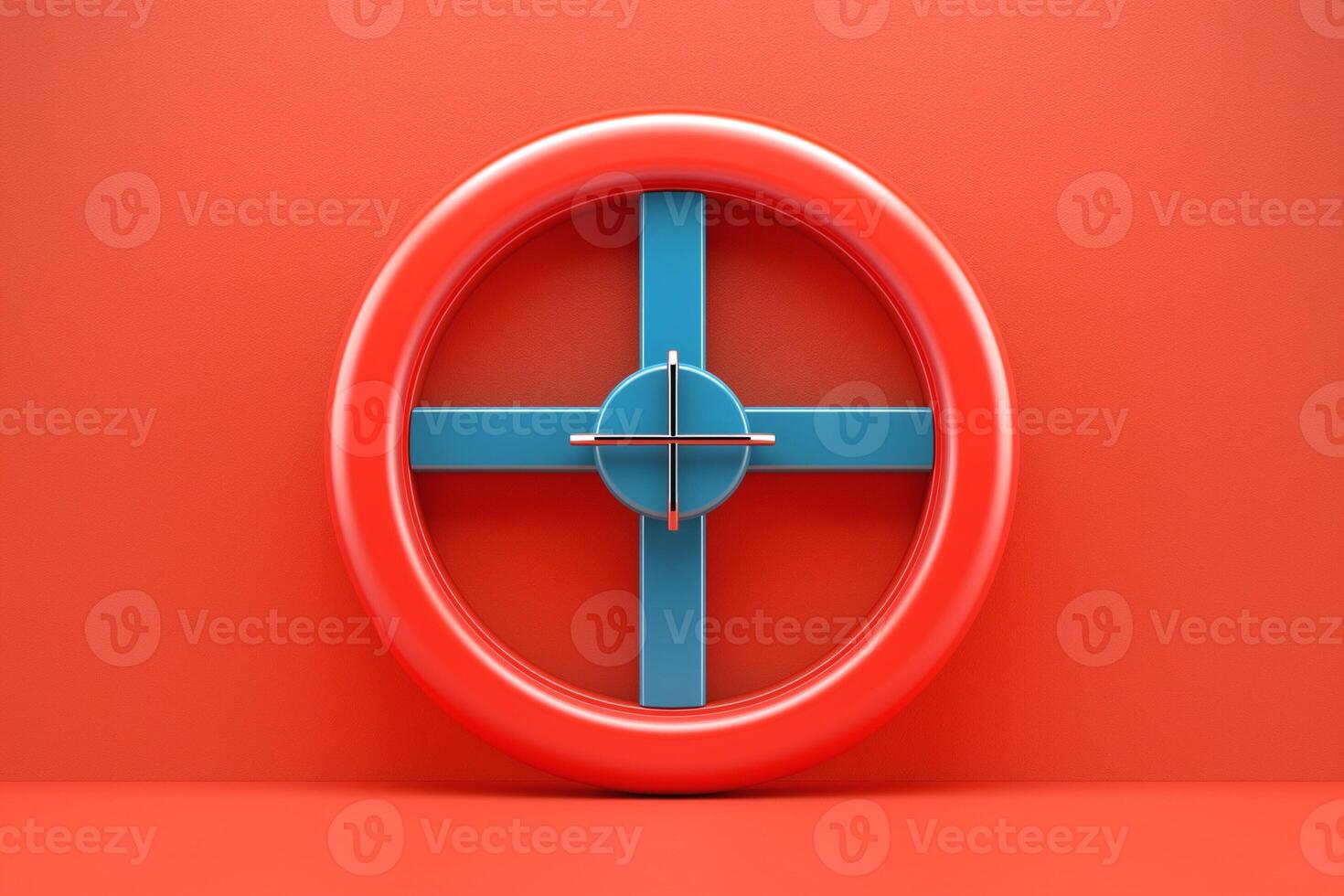 A vibrant red circular target with a contrasting blue crosshair, set against a solid red background. photo