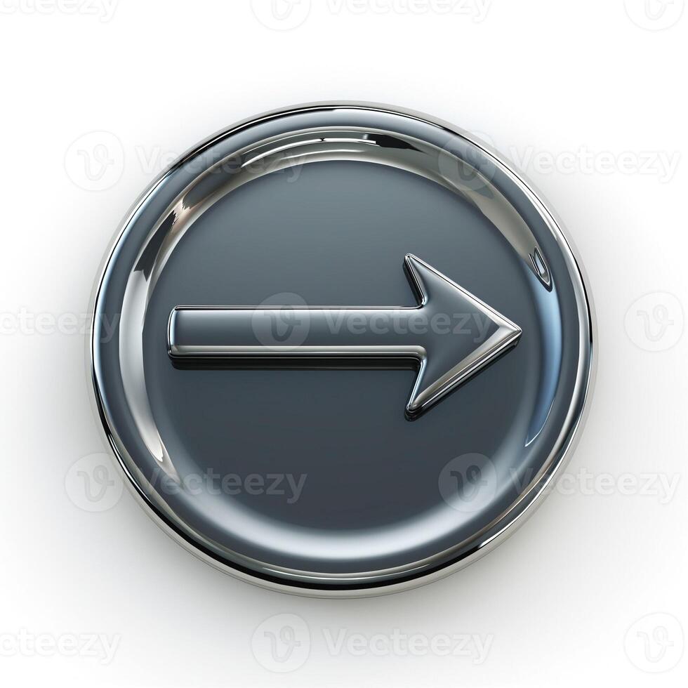 Shiny metallic right arrow icon on a smooth surface, symbolizing direction and progress. photo