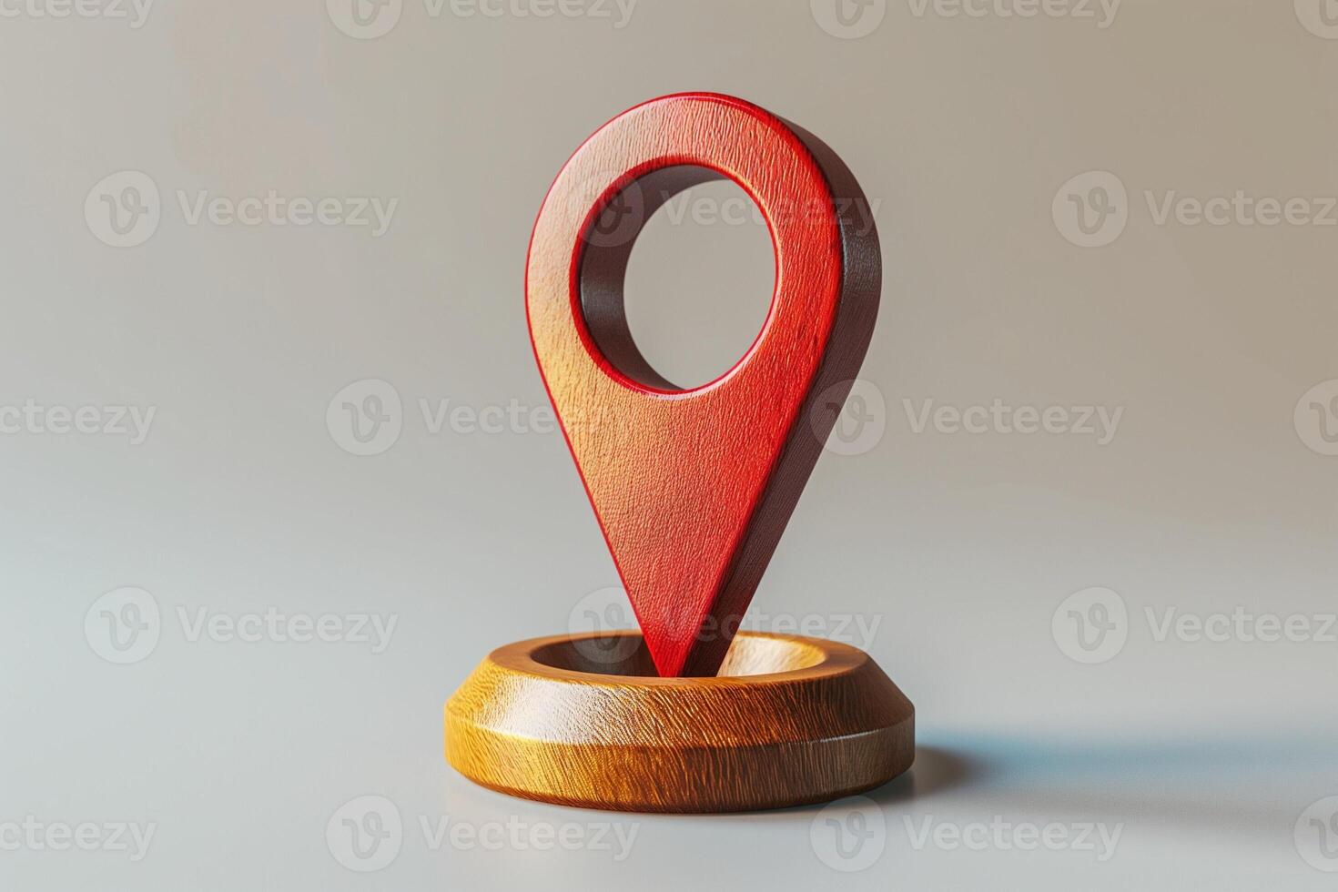 A wooden 3D location pin in red, symbolizing navigation and mapping, set against a neutral background. photo