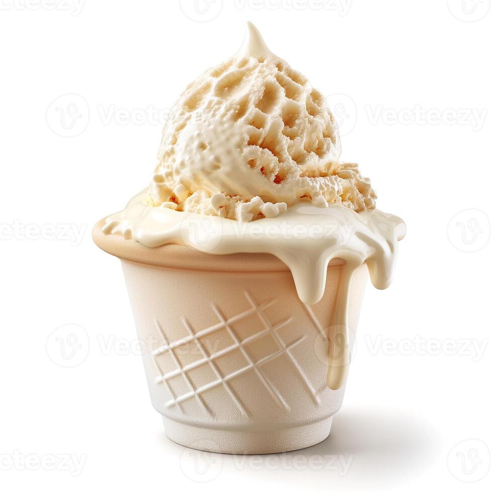 A delicious scoop of vanilla ice cream drips over a classic cone cup, showcasing a creamy texture and enticing appearance. photo