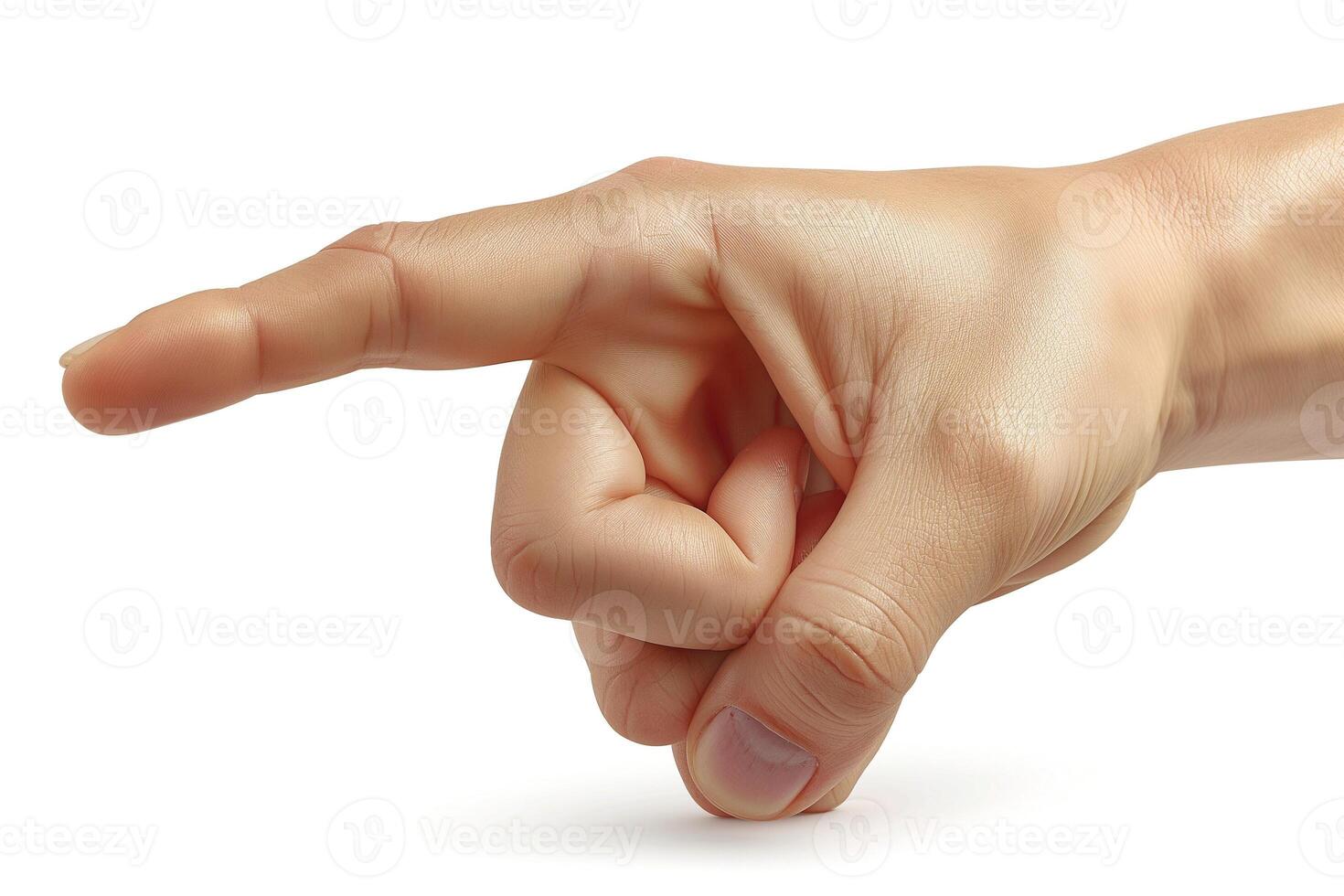 A close-up of a human hand, showcasing a pointed index finger in a signaling gesture, with a smooth skin texture. photo