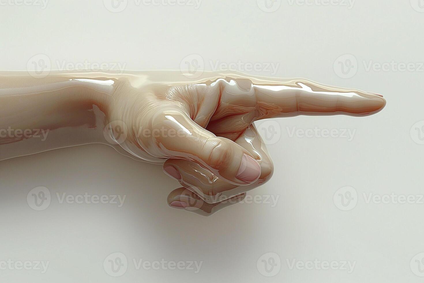 A close-up of a human hand pointing, showcasing a glossy and smooth texture with a light beige color. photo