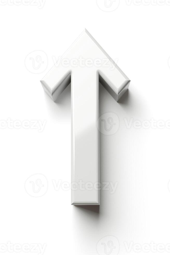 Three-dimensional white arrow pointing upwards on a bright background. photo