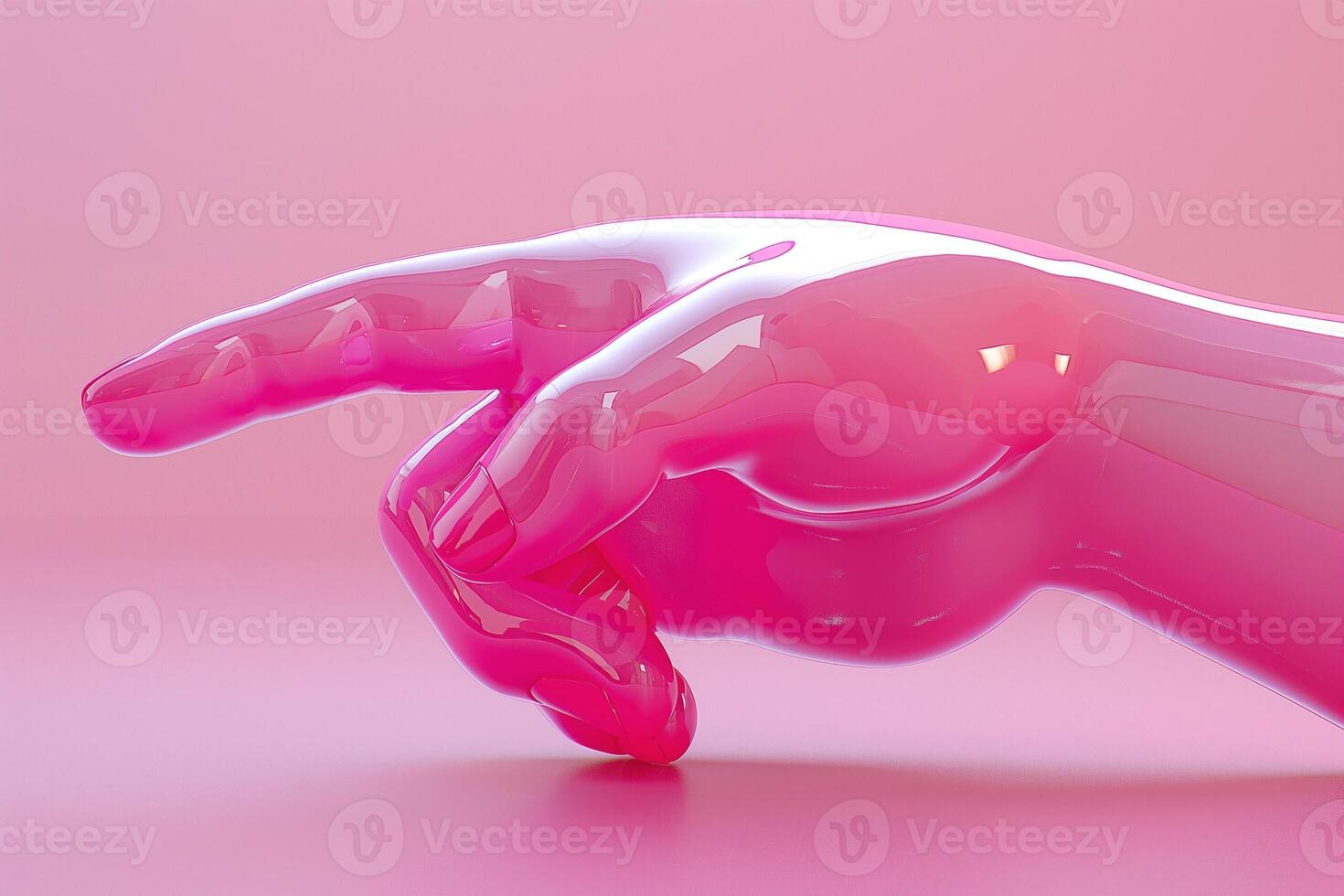 A sleek, stylized hand sculpture in vibrant pink, poised to touch, set against a soft pink background. photo