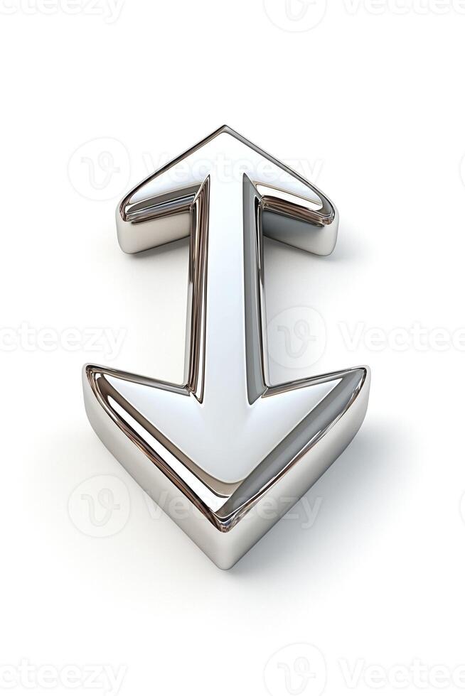 A shiny, three-dimensional metallic arrow pointing both up and down, symbolizing progress and decision-making. photo