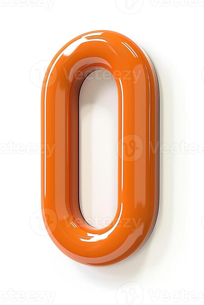 Stylized number zero in bright orange, showcasing a glossy finish and modern design against a plain white background. photo