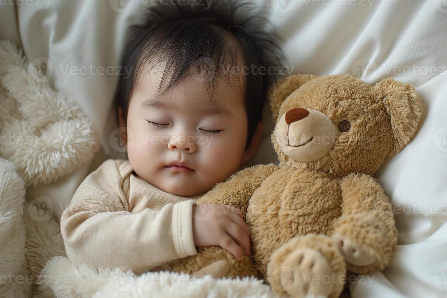 A peaceful Asian baby peacefully sleeping while hugging a soft teddy bear, surrounded by fluffy blankets. photo