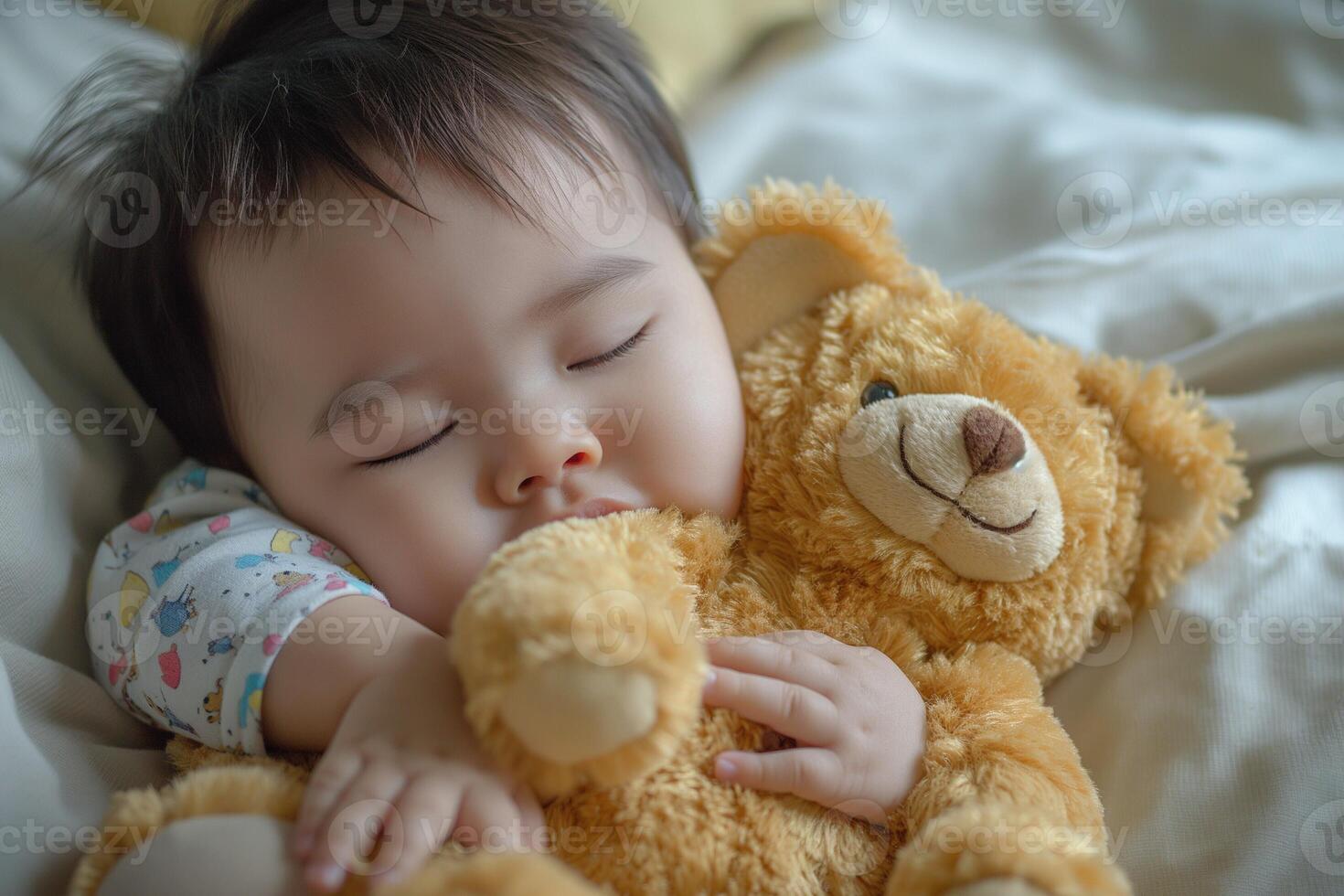 A serene Asian baby peacefully sleeping in a cozy blanket, cuddling a soft teddy bear. photo
