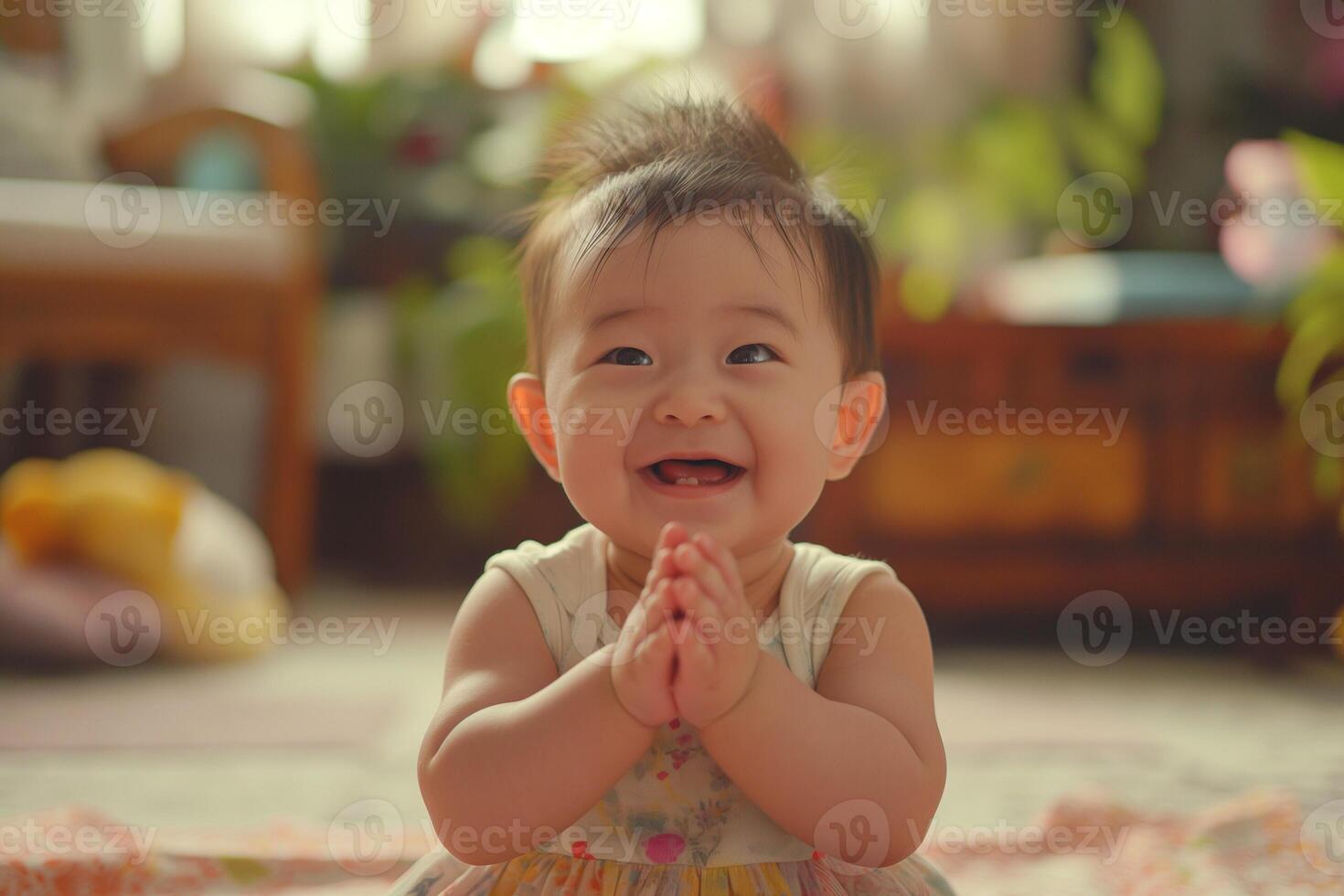 A joyful Asian baby girl claps her hands in playful excitement while sitting indoors, surrounded by plants and soft lighting. photo