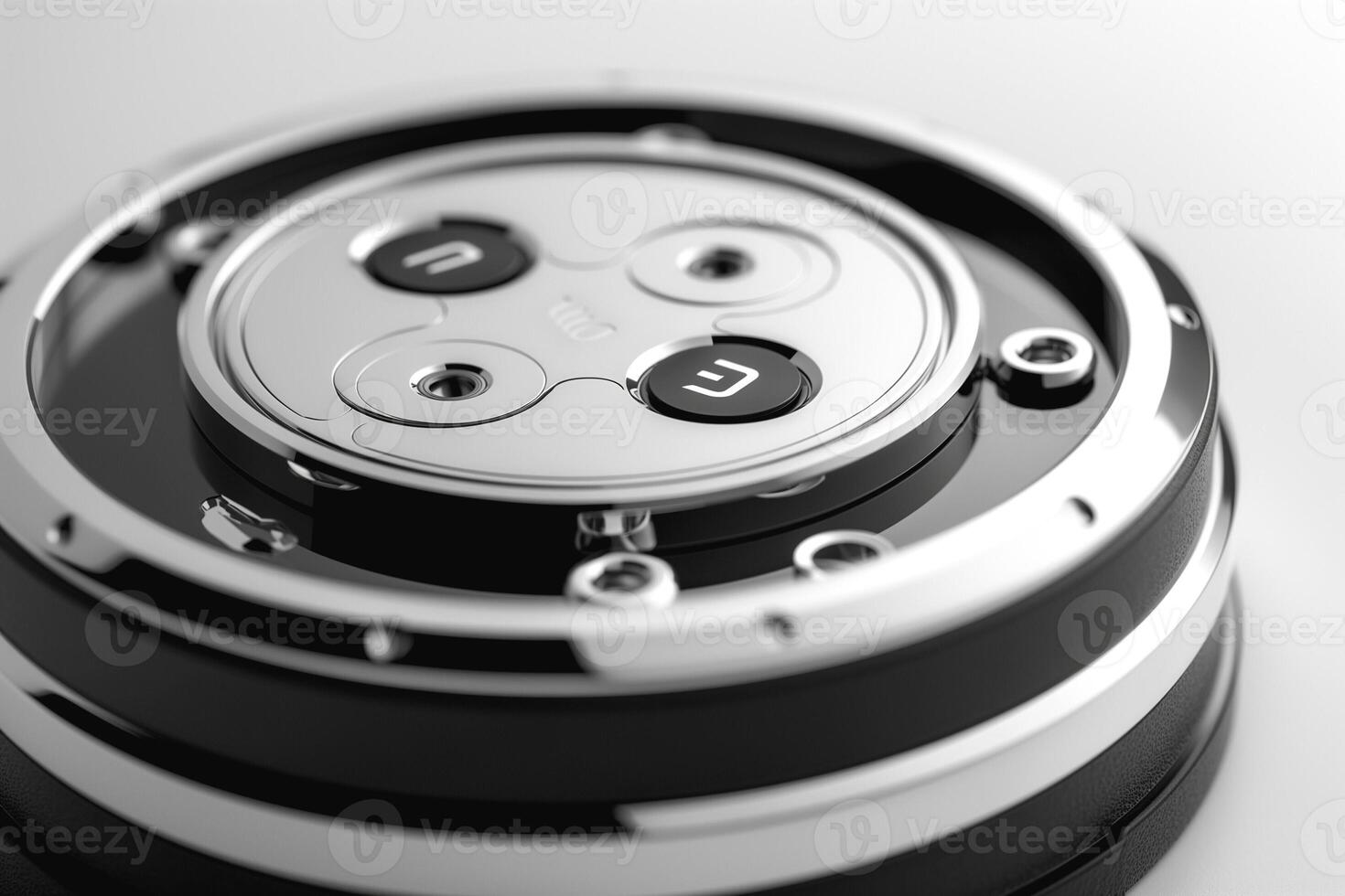Close-up of a sleek, modern device showcasing intricate metallic buttons and a polished surface, exuding sophistication and innovation. photo