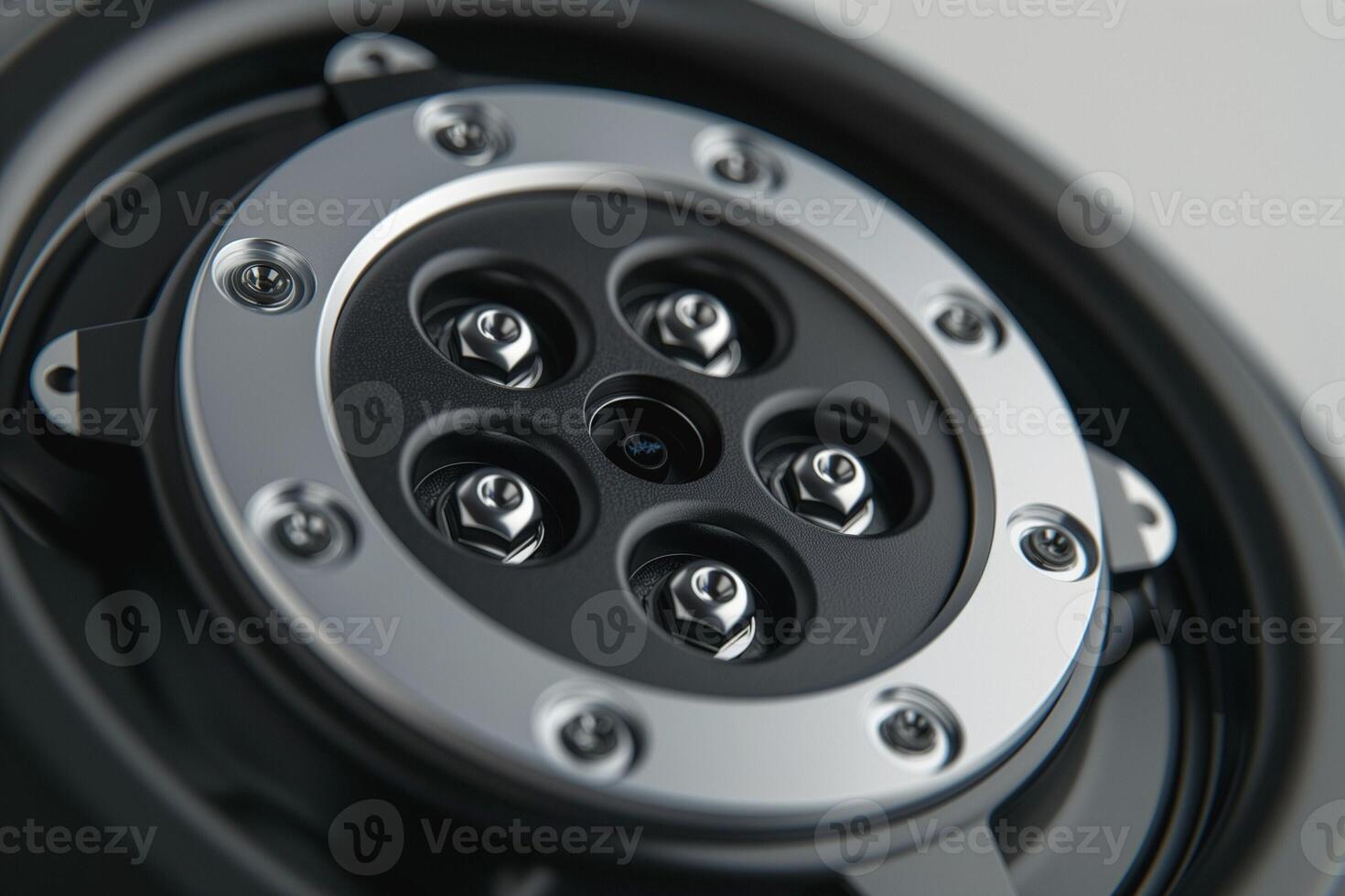 Close-up of a modern, industrial-looking wheel rim with polished metallic accents. photo