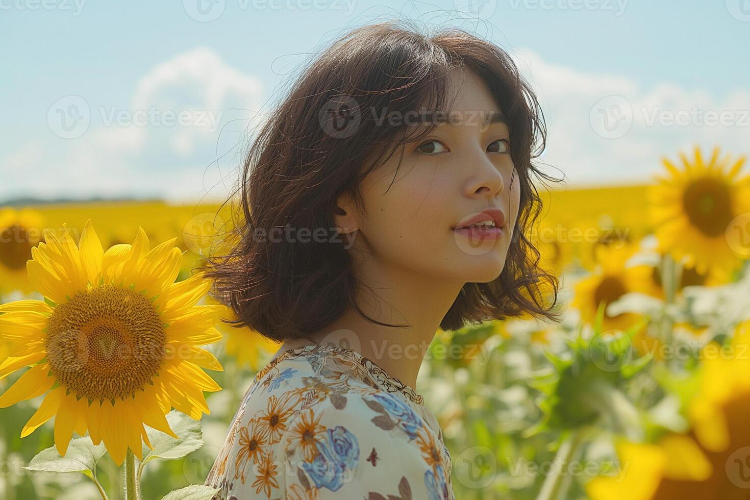 A young Asian woman with wavy hair stands amidst vibrant sunflowers, exuding a serene charm in a bright field. photo
