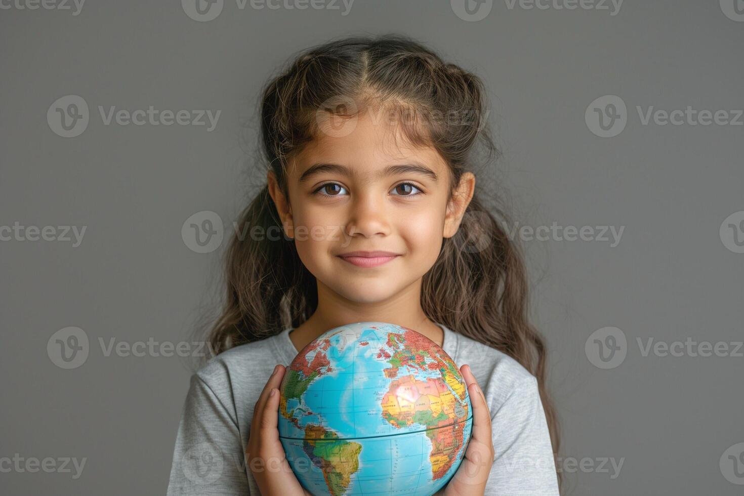 A young girl of South Asian descent holds a globe, symbolizing curiosity and connection to the world. photo