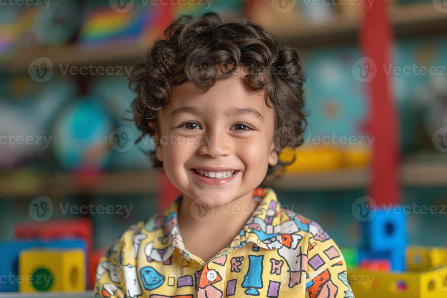 A cheerful mixed-race boy with curly hair smiles brightly in a colorful playroom filled with toys. photo
