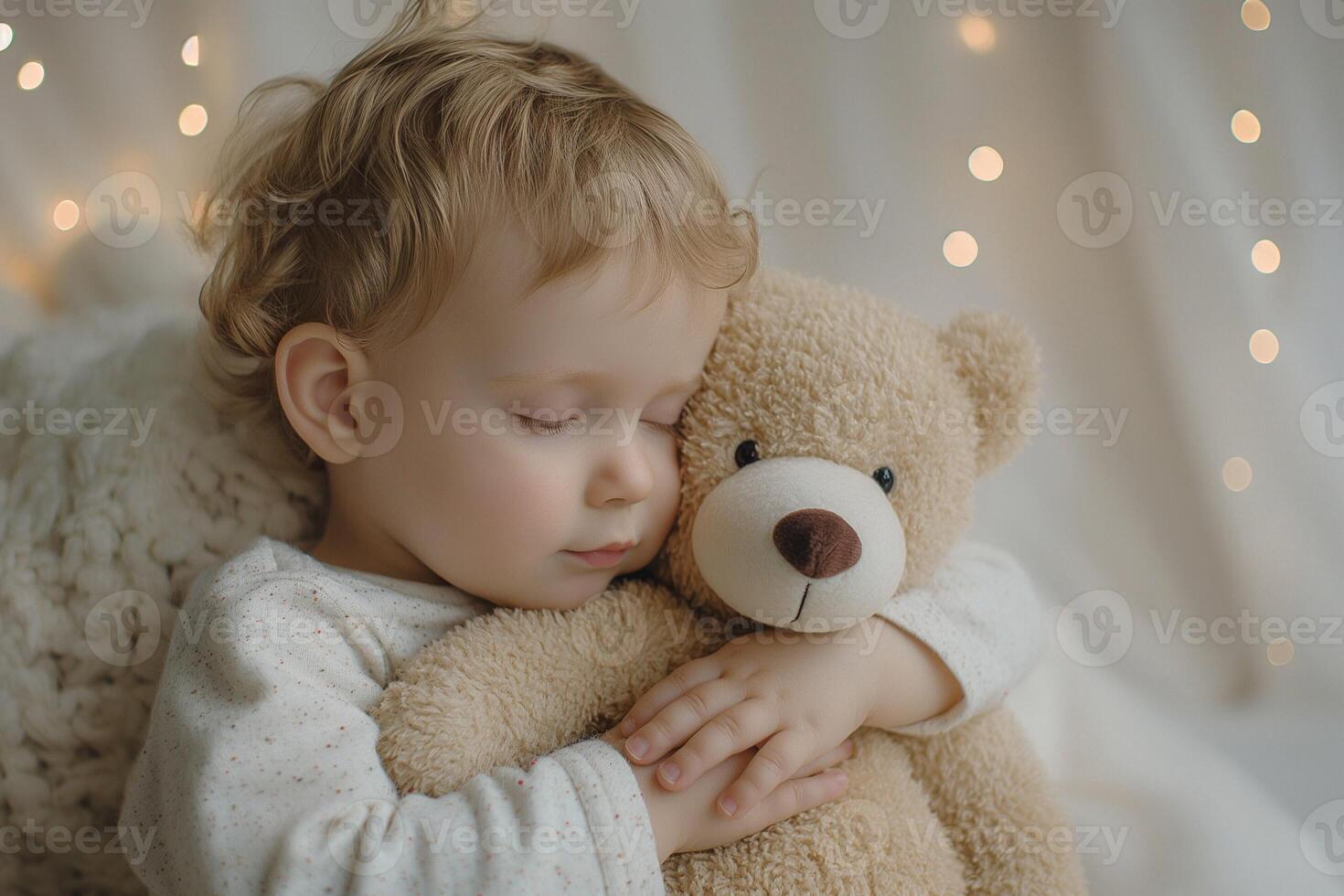 A young Caucasian boy peacefully sleeps while hugging a soft teddy bear, surrounded by warm fairy lights. photo