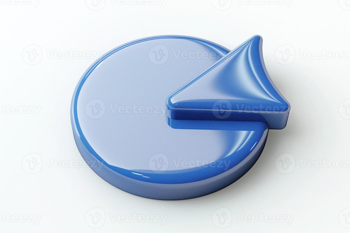 A glossy blue 3D icon featuring a circular shape with a triangular arrow pointing left, symbolizing navigation or return. photo