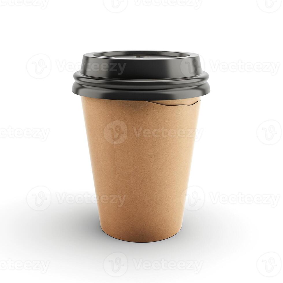 A plain brown disposable coffee cup with a black lid, set against a white background, perfect for branding and design. photo