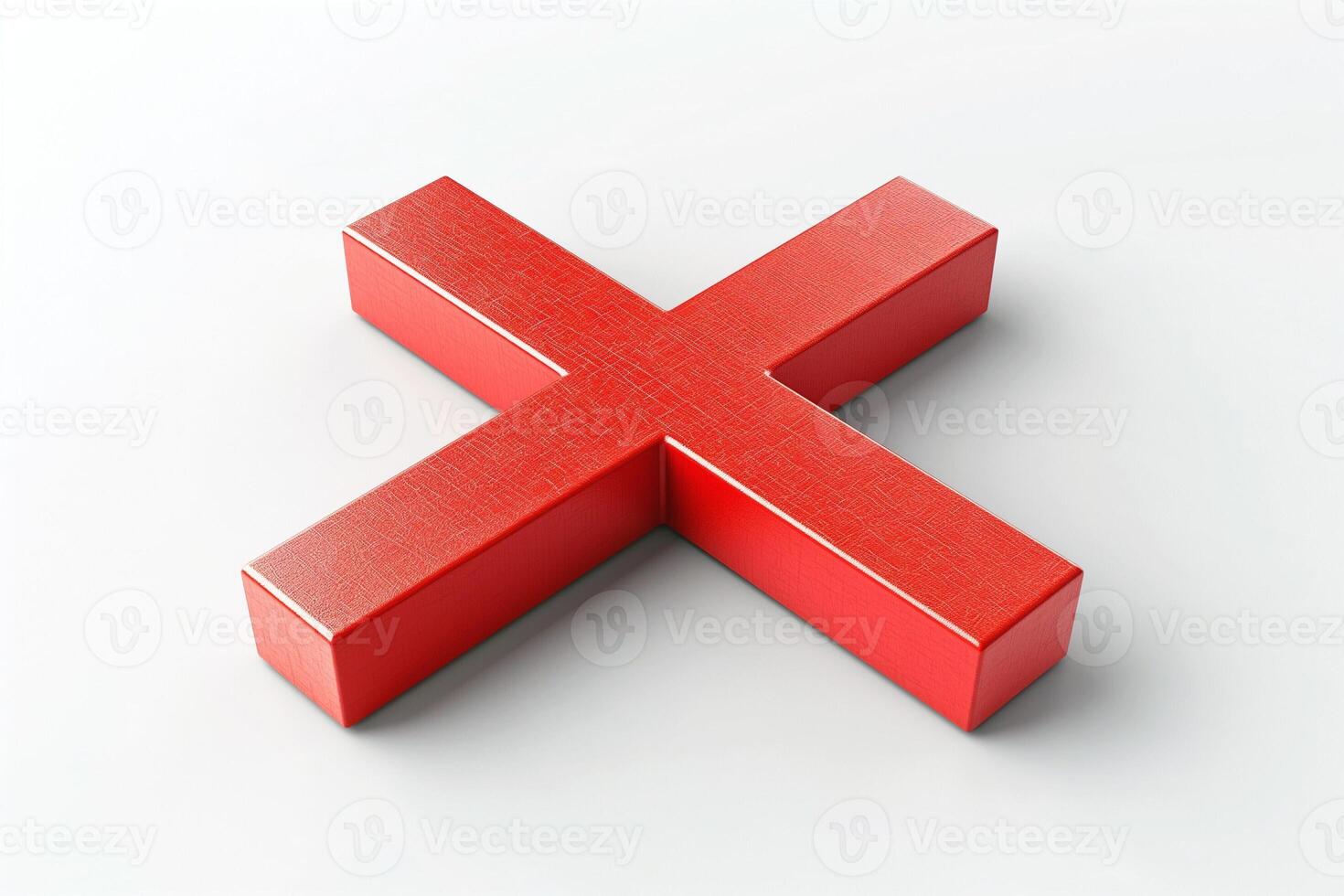 A vibrant red 3D cross symbol resting on a smooth, light surface, casting soft shadows, highlighting its geometric form. photo