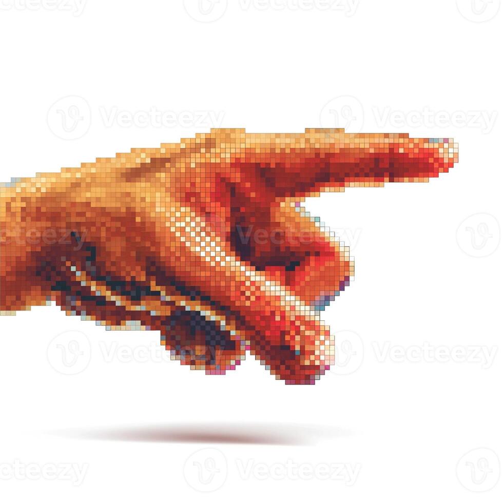Close-up of a pixelated hand pointing, emphasizing digital art and technology aesthetics. photo