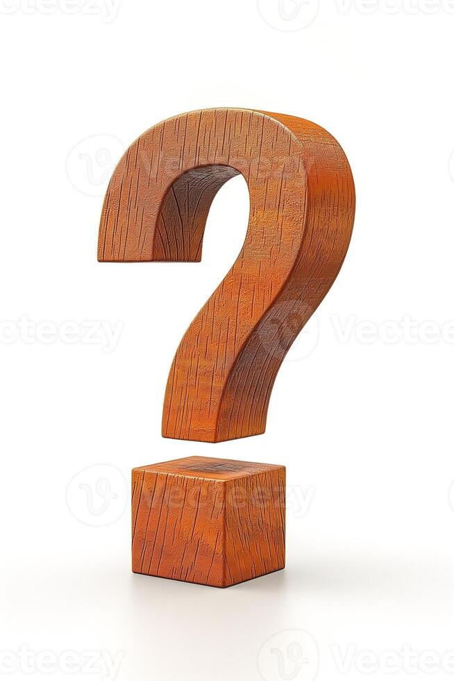A large wooden question mark symbol, signifying curiosity and inquiry, set against a clean white background. photo