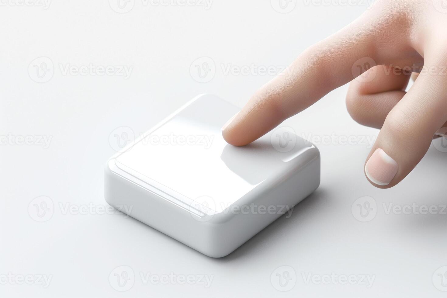 A close-up of a hand about to press a sleek white button on a smooth surface, showcasing modern design and minimalism. photo