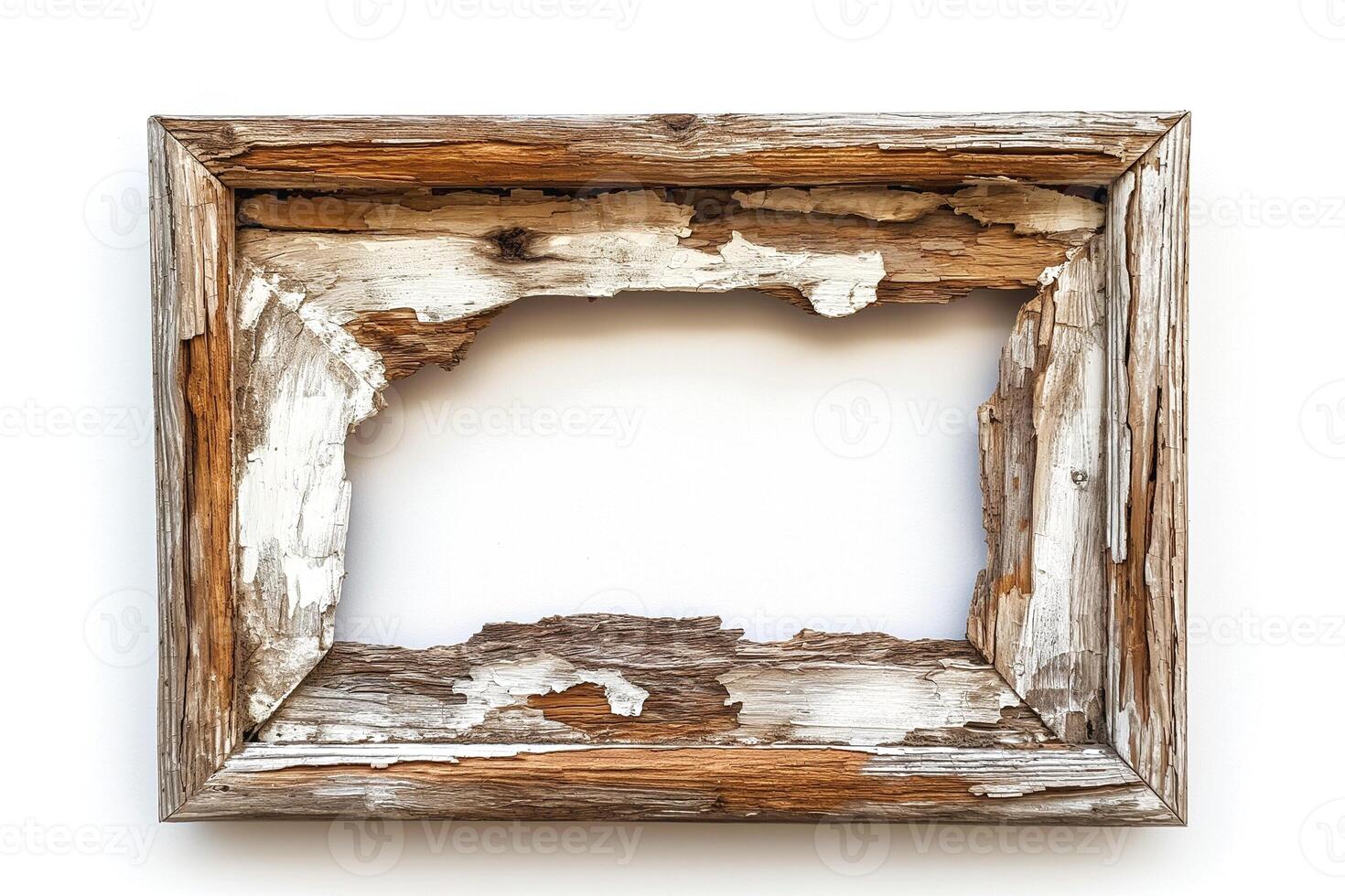 An aged, weathered wooden frame showcasing the beauty of decay and rustic charm. photo