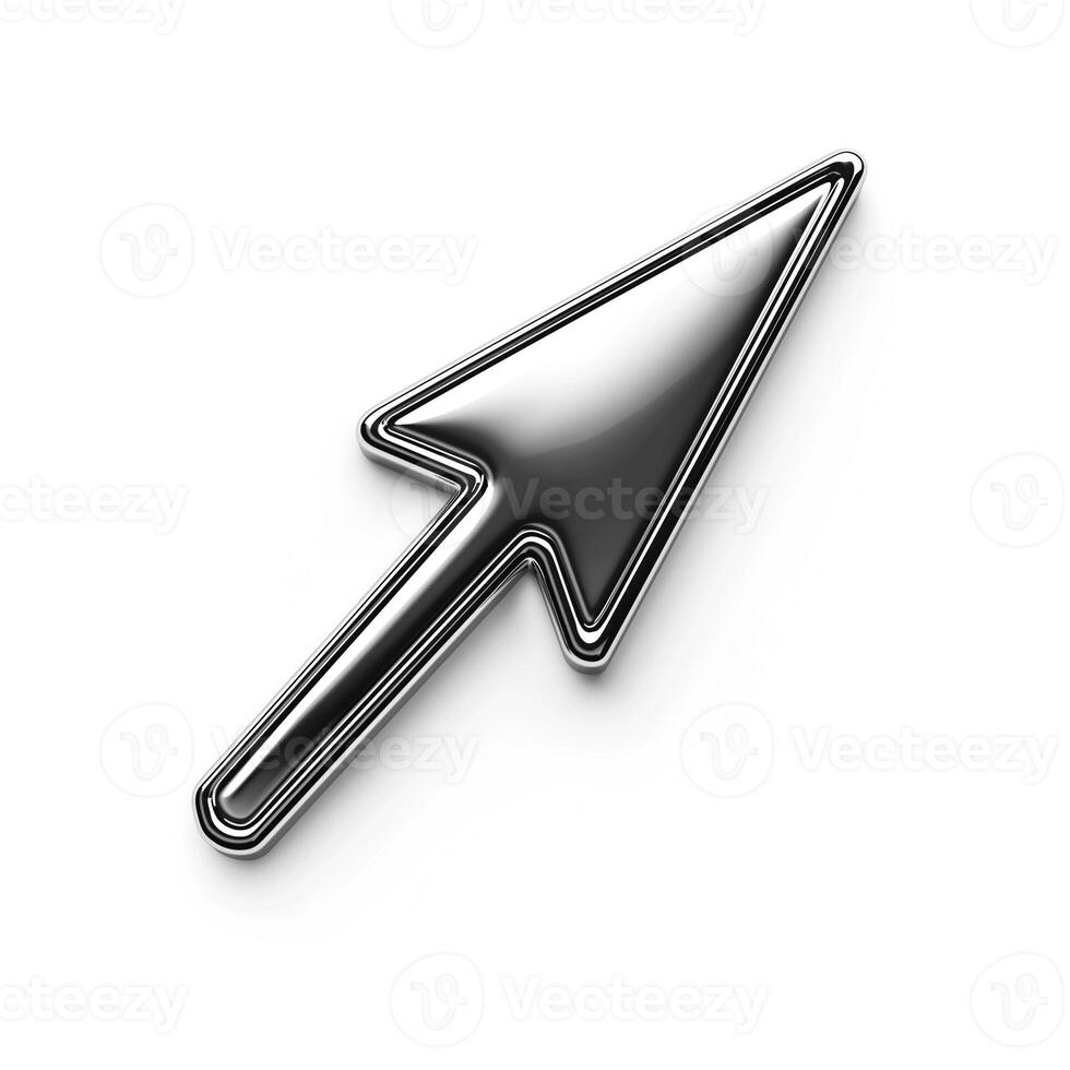 A sleek, modern arrow cursor icon in shiny chrome finish, symbolizing navigation and digital interaction. photo