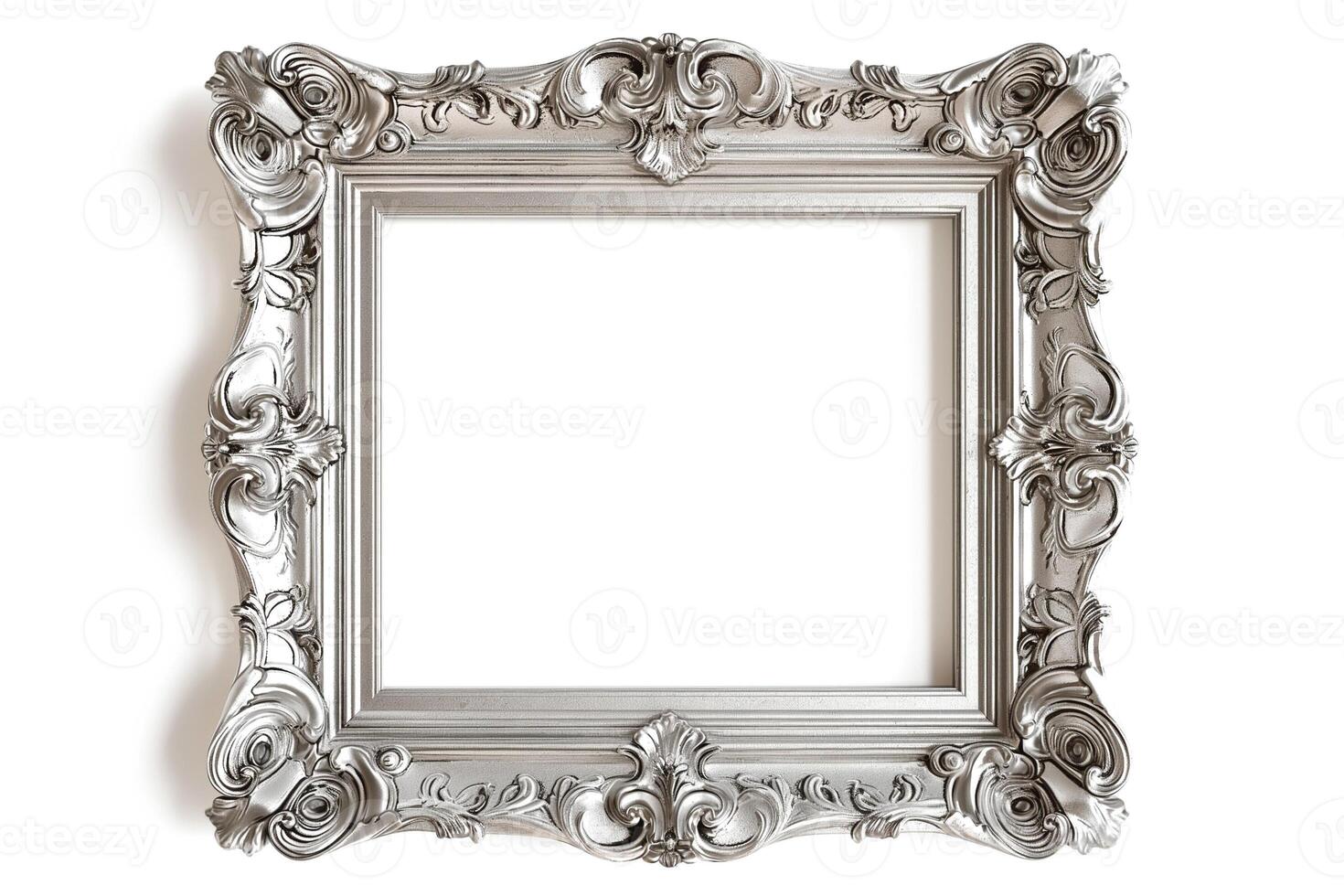 An ornate silver picture frame, featuring intricate floral patterns and a classic design, perfect for showcasing art. photo