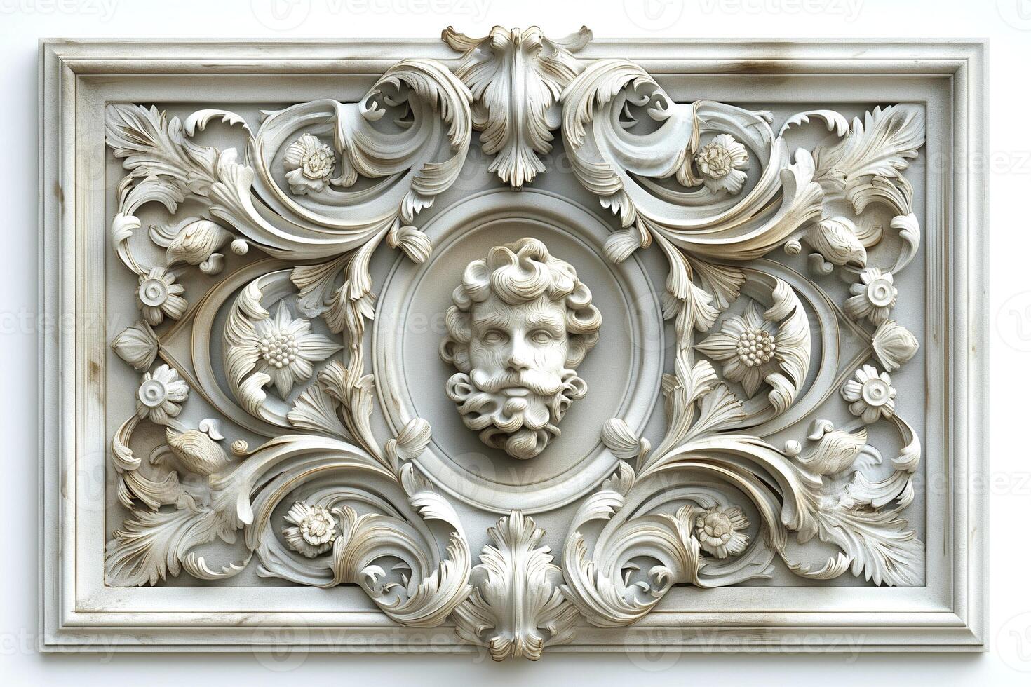 An intricately detailed architectural relief featuring a classical male face surrounded by ornate floral designs. photo