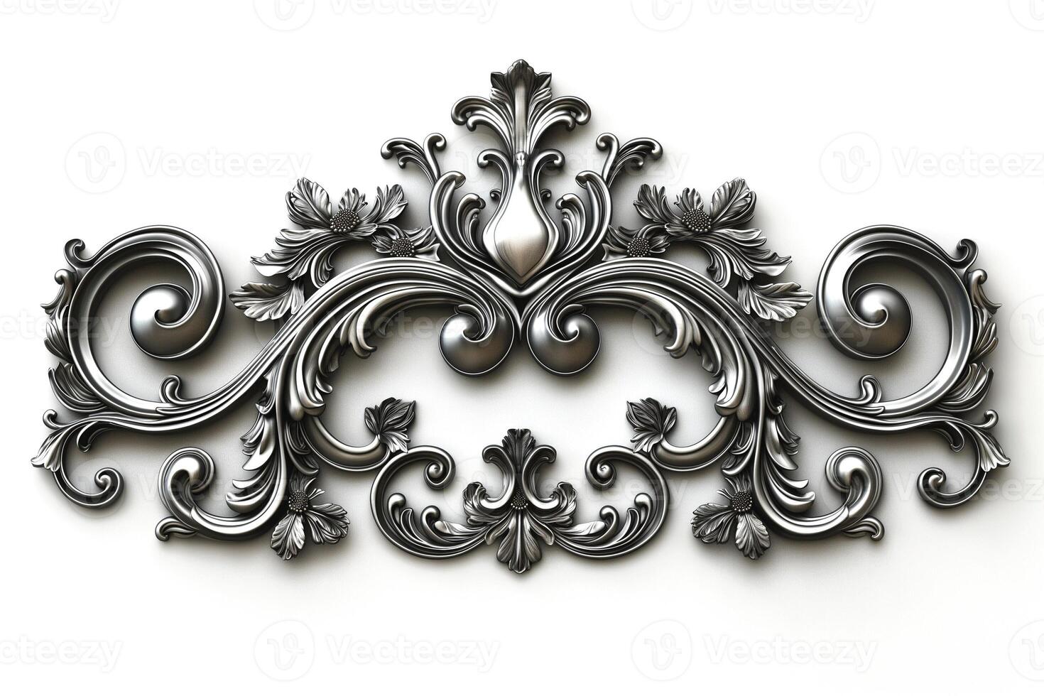 Ornate silver decorative wall piece showcasing intricate floral patterns and scrollwork. photo