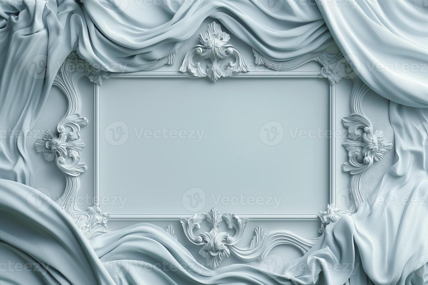 Elegant light blue ornate frame with folds of silk draping around it, creating a luxurious and sophisticated atmosphere. photo
