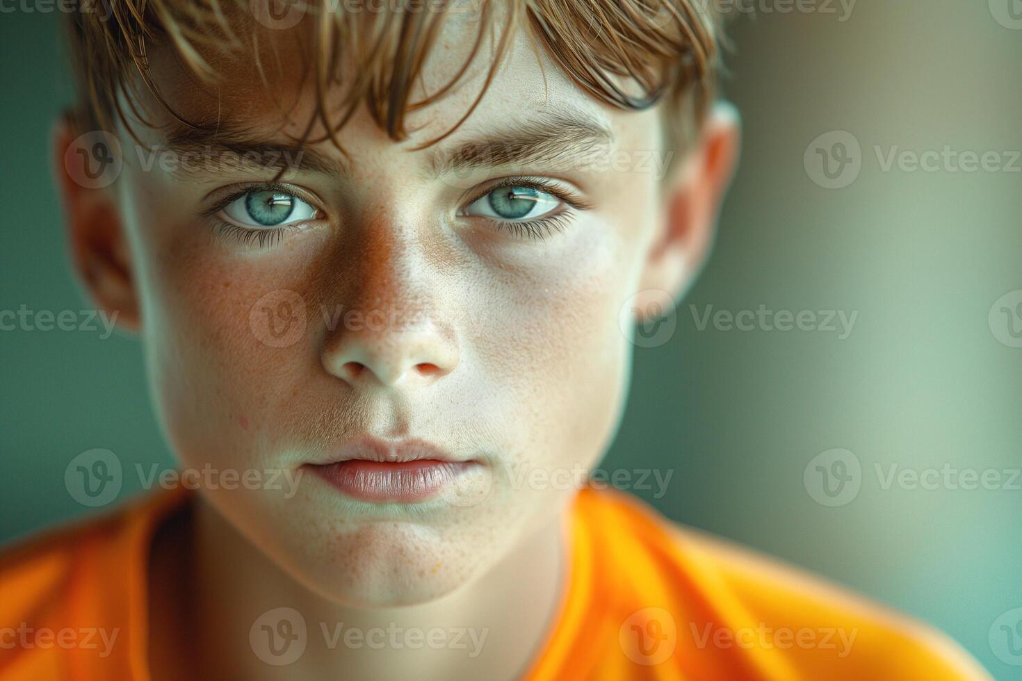 A focused young boy with striking blue eyes and tousled hair wearing an orange shirt, conveying determination and confidence. photo