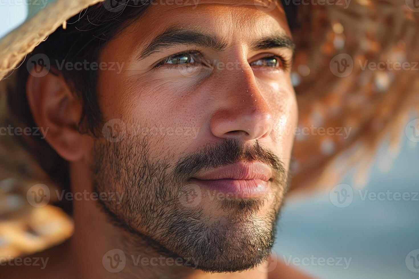 Thoughtful young man with brown eyes and a beard, wearing a straw hat, gazes into the distance against a serene backdrop. photo