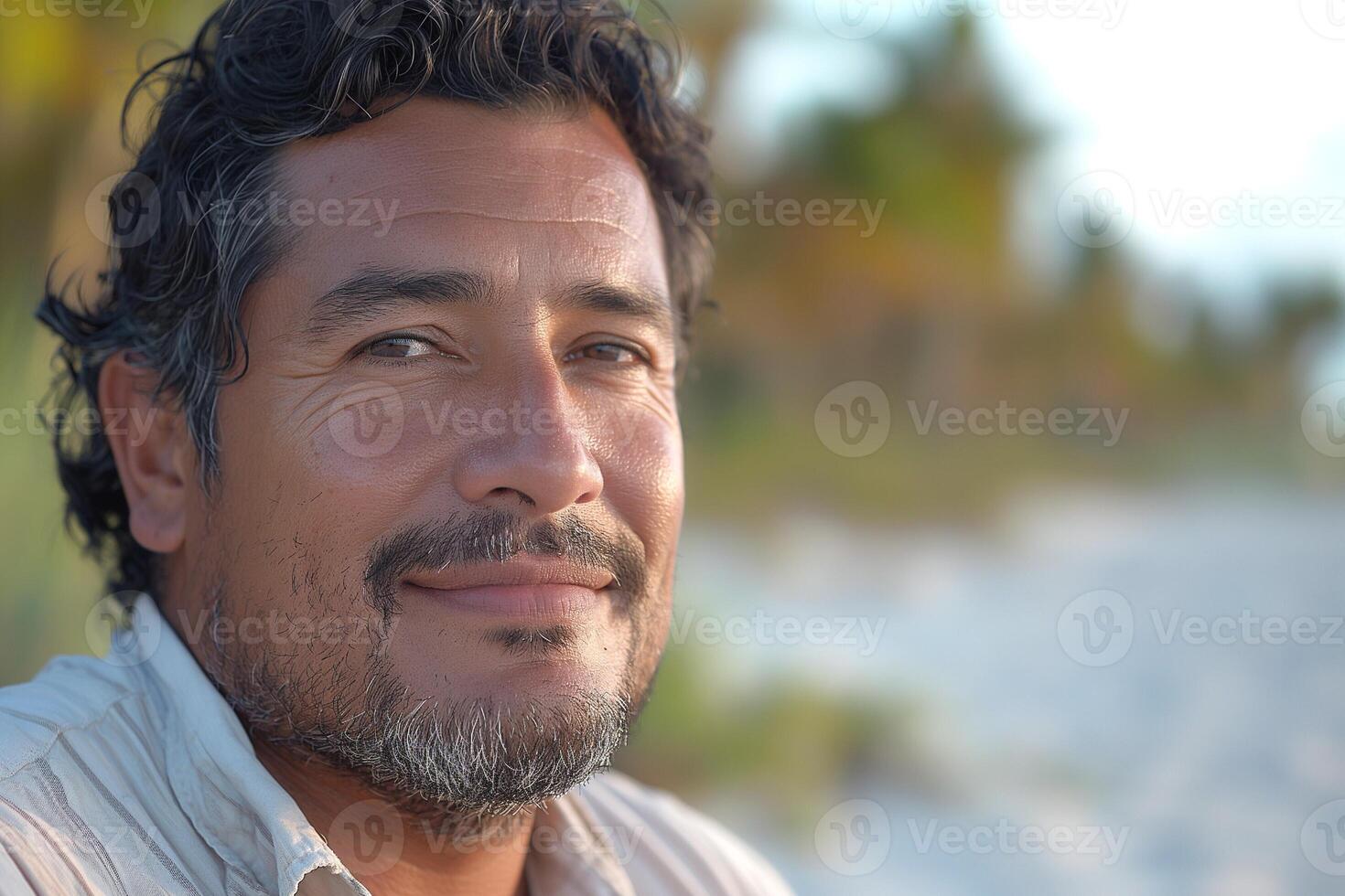 Smiling Hispanic man with curly hair at the beach with a serene expression against a soft sunset backdrop. photo