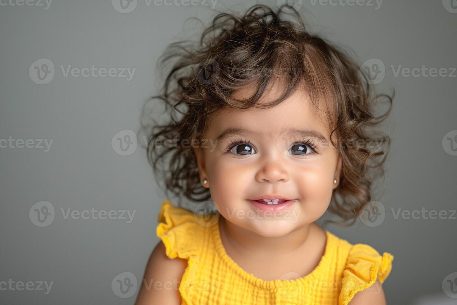 Adorable young girl with curly hair smiles brightly in a vibrant yellow outfit, radiating joy and innocence. photo