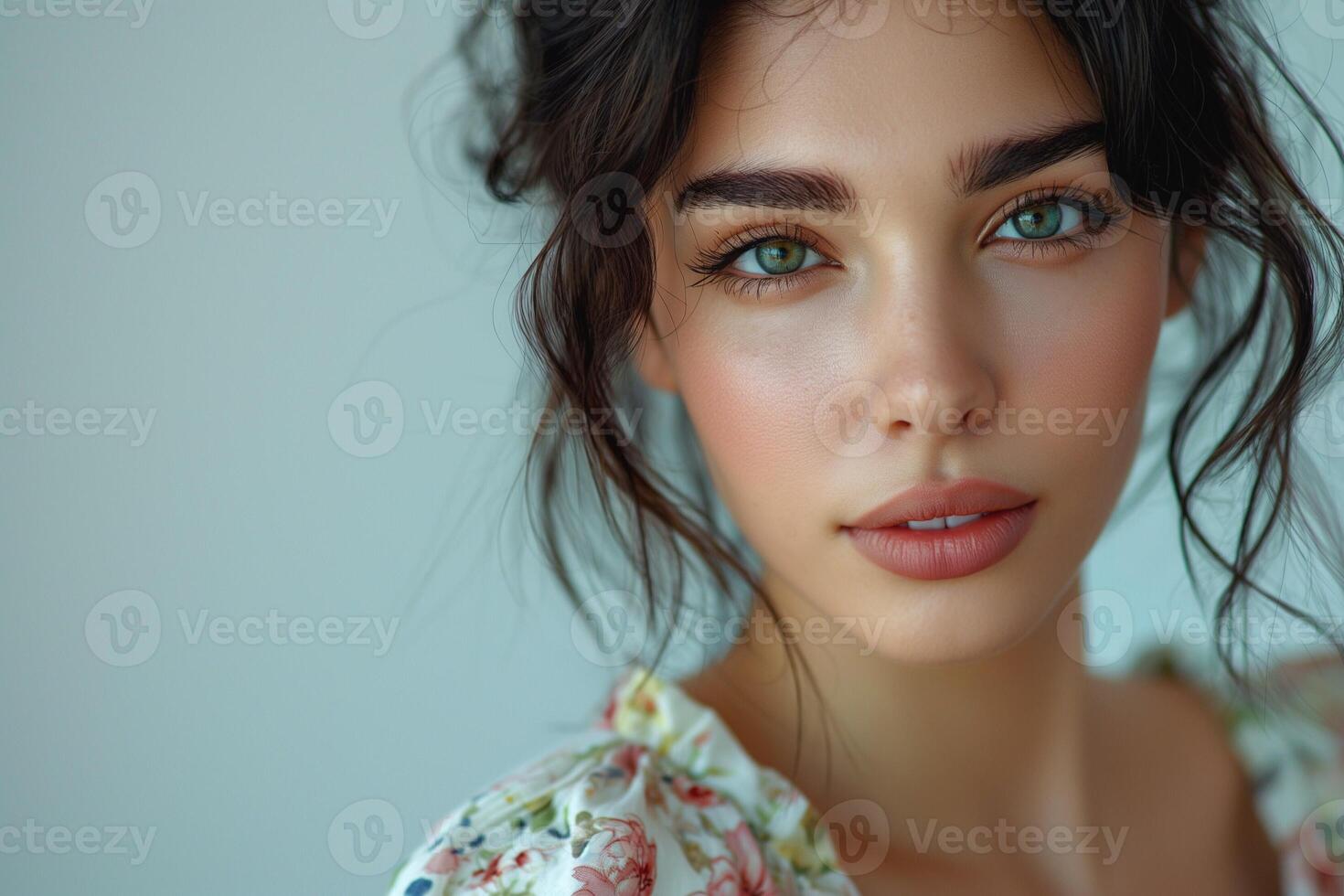 Stunning young woman with captivating green eyes and soft, natural makeup, set against a muted background. photo