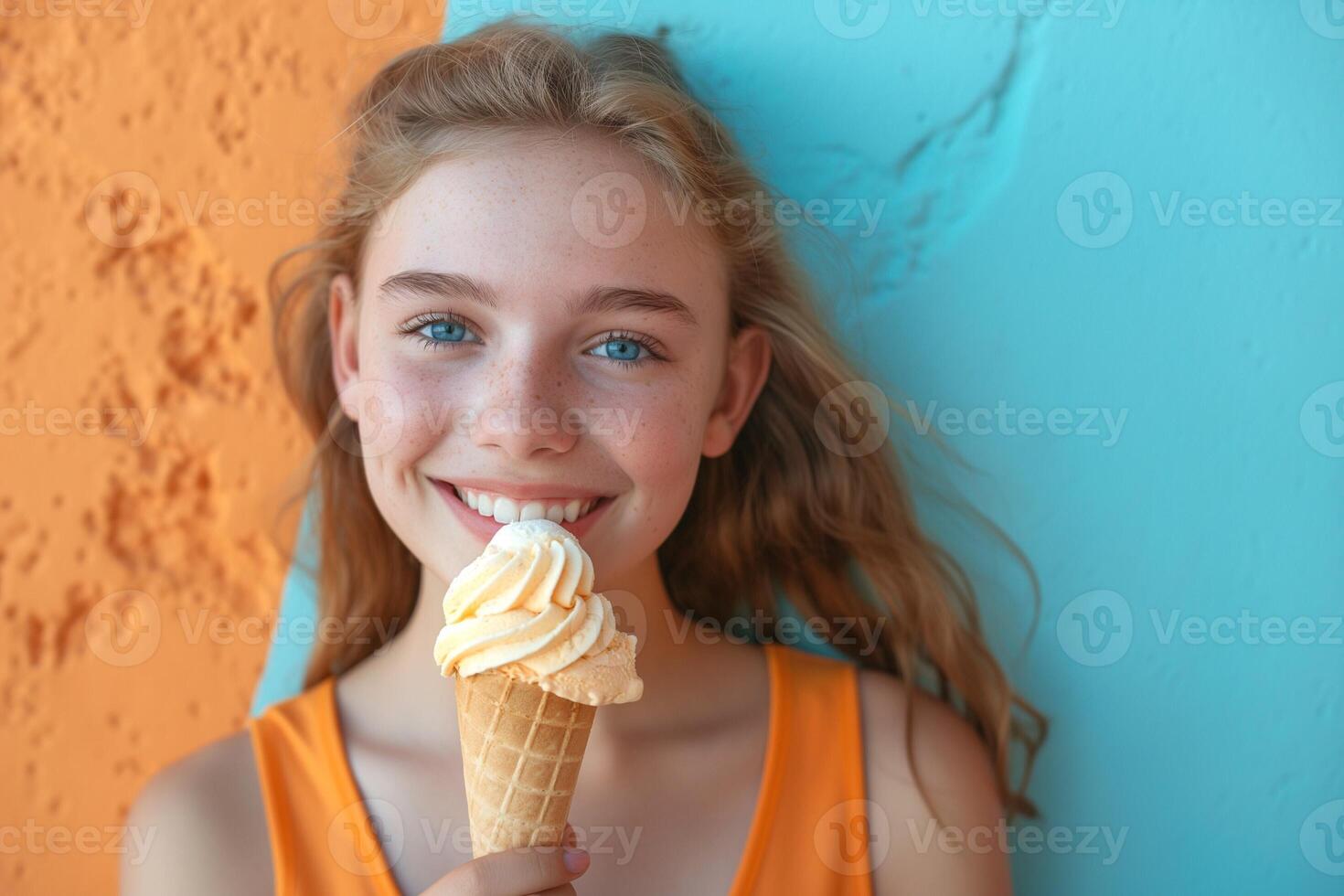 A happy, light-skinned girl joyfully holds a soft-serve ice cream cone against a colorful blue and orange backdrop. photo