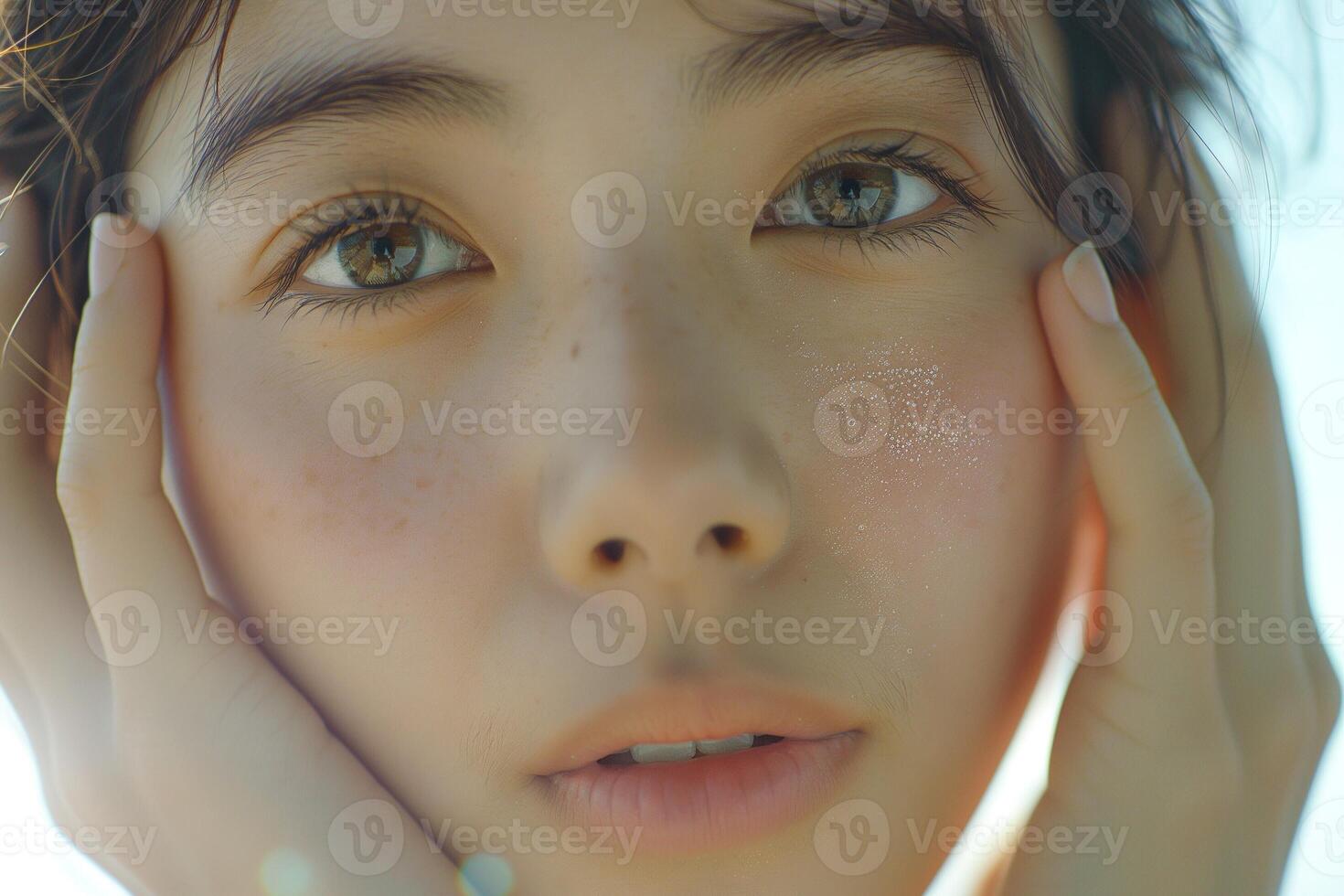 A young East Asian woman gently holds her face, showcasing her radiant skin and expressive eyes. photo