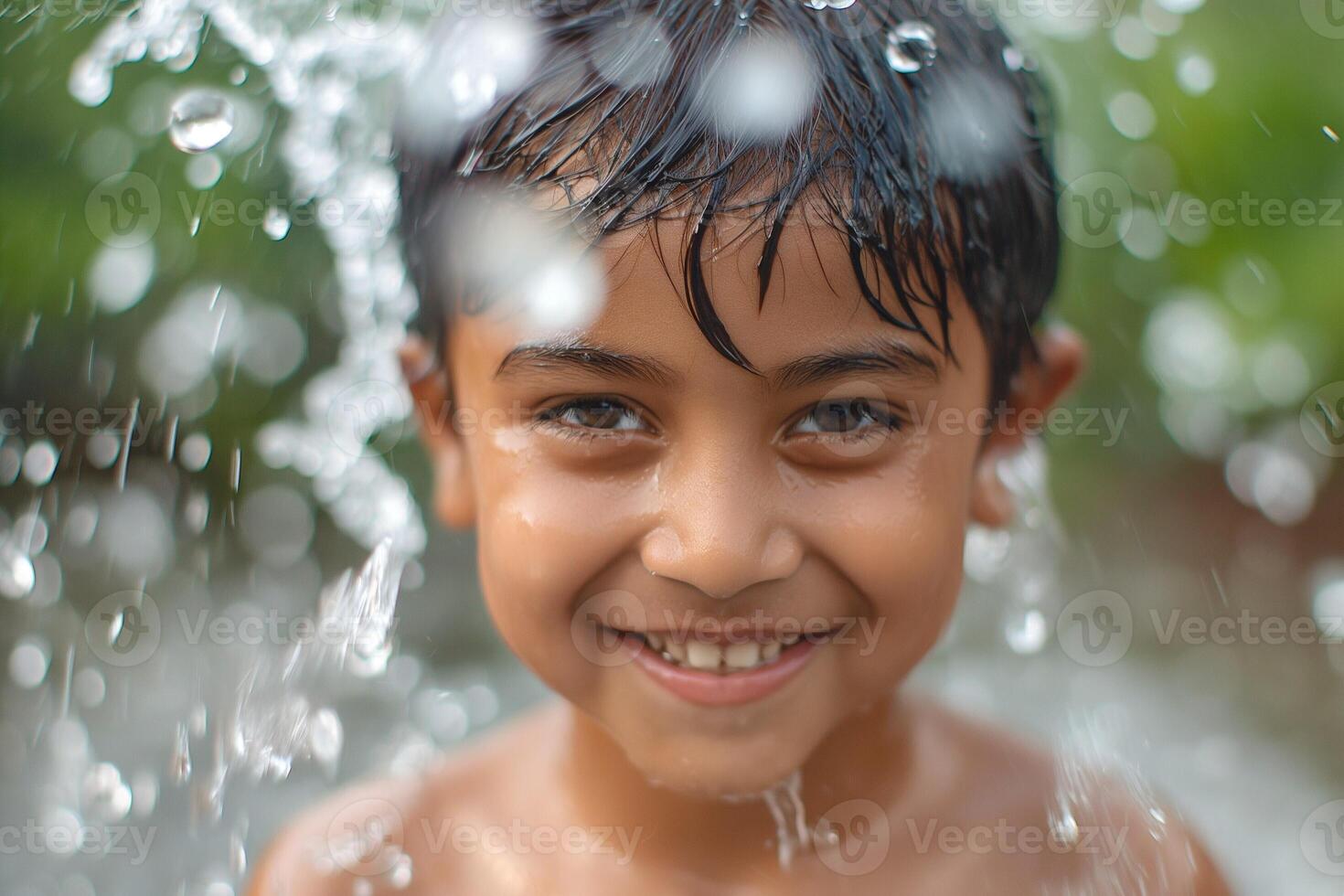 A joyful young South Asian boy smiles brightly while playing in the water, droplets creating a playful atmosphere around him. photo