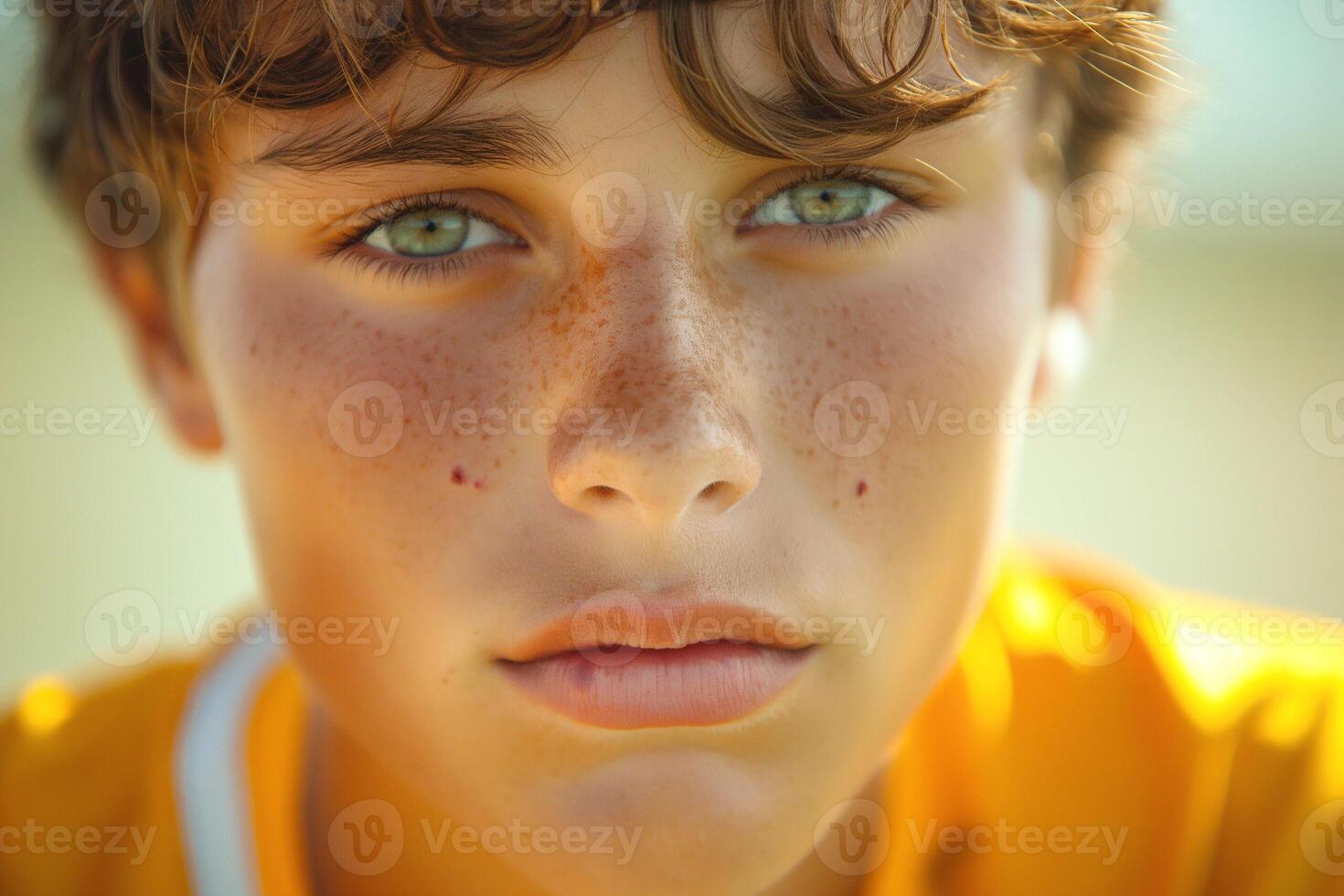 A close-up portrait of a young Caucasian male with striking green eyes and freckles, exuding confidence and charm. photo