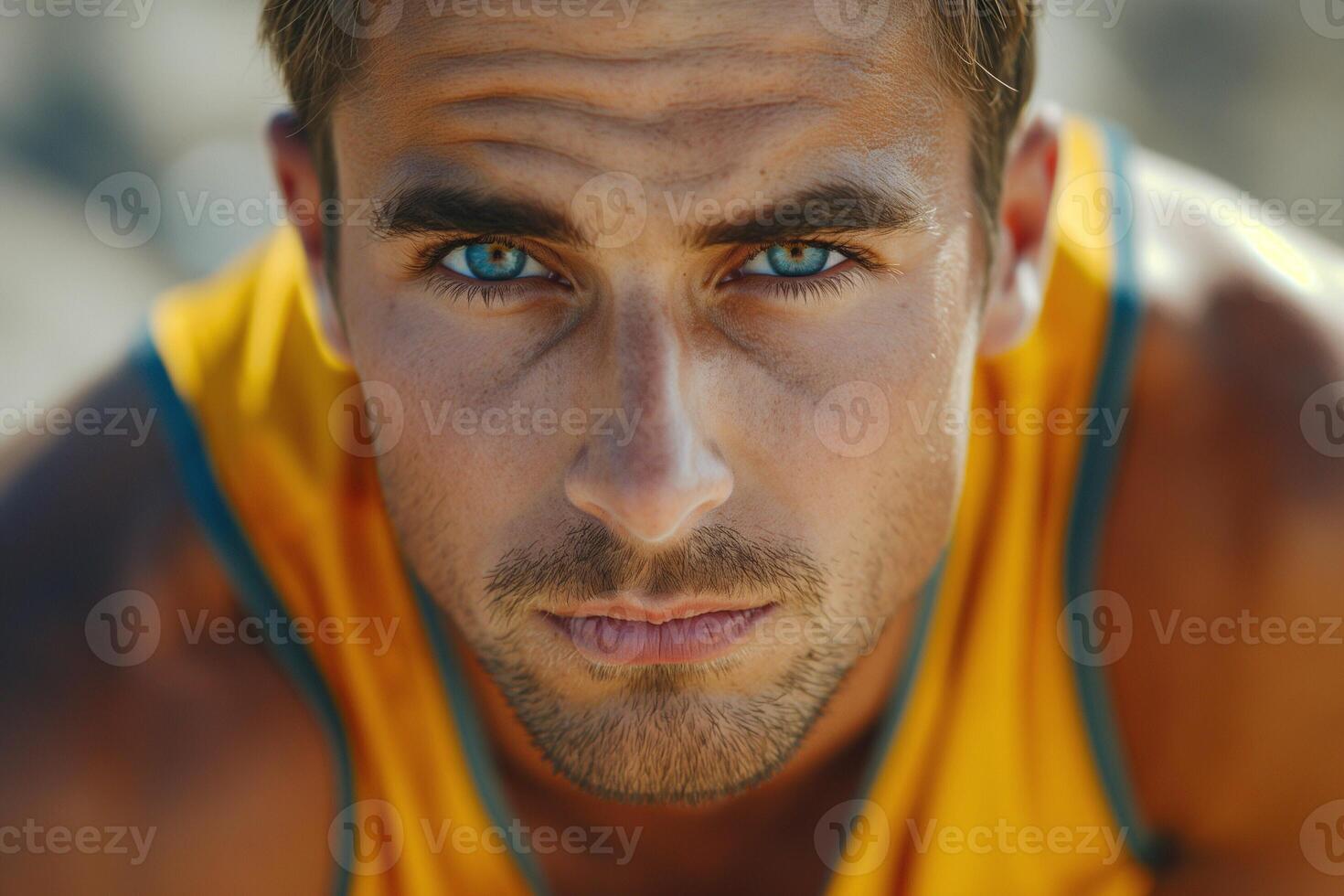Close-up of a young Caucasian male with striking blue eyes, showcasing determination and strength. photo