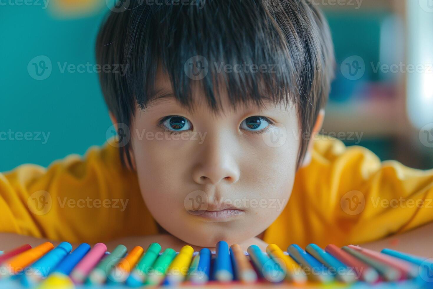Focused young Asian boy studying art with colorful markers laid out before him. photo