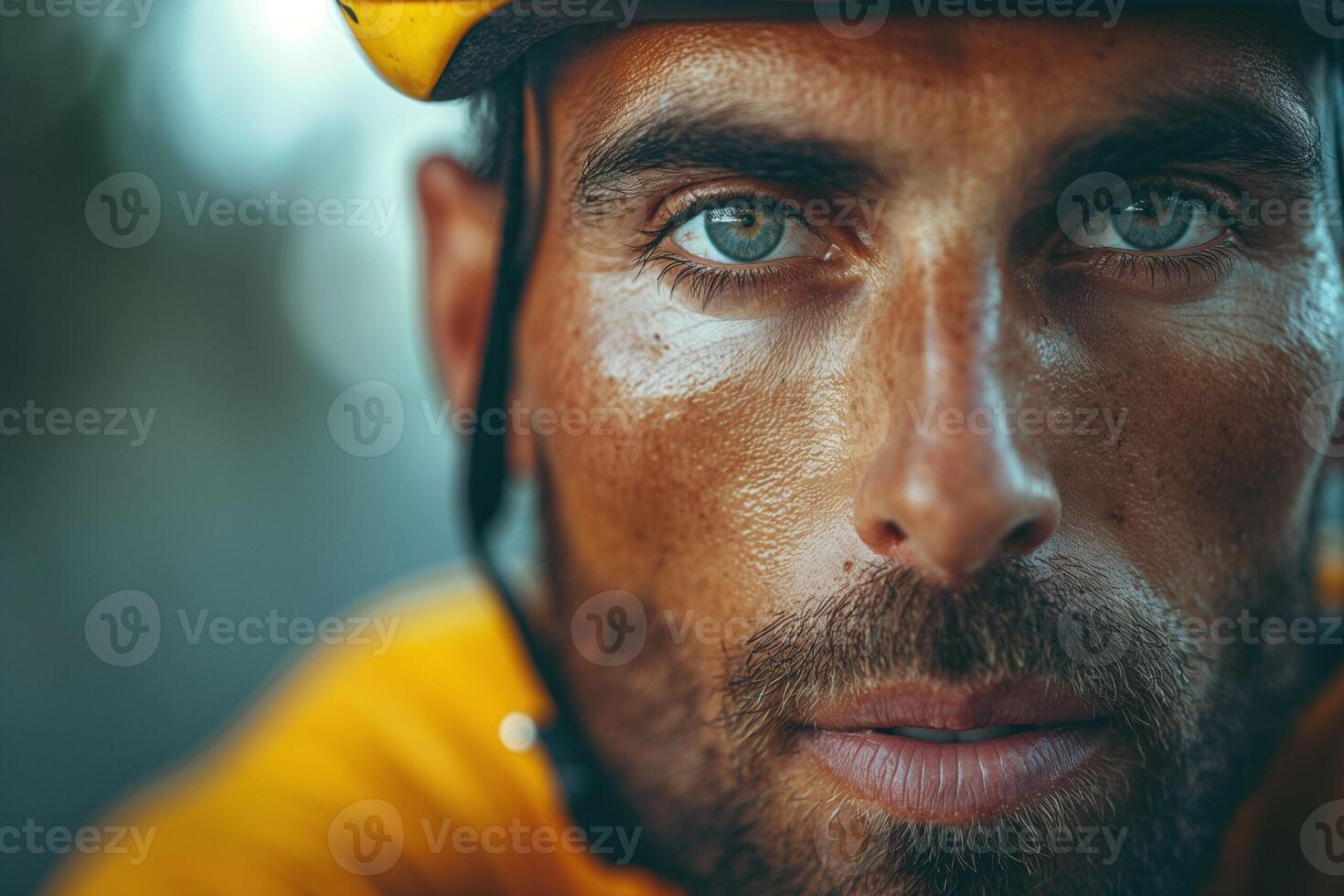 Close-up of a determined male cyclist with striking blue eyes, showcasing intensity and focus while wearing a bright yellow helmet. photo