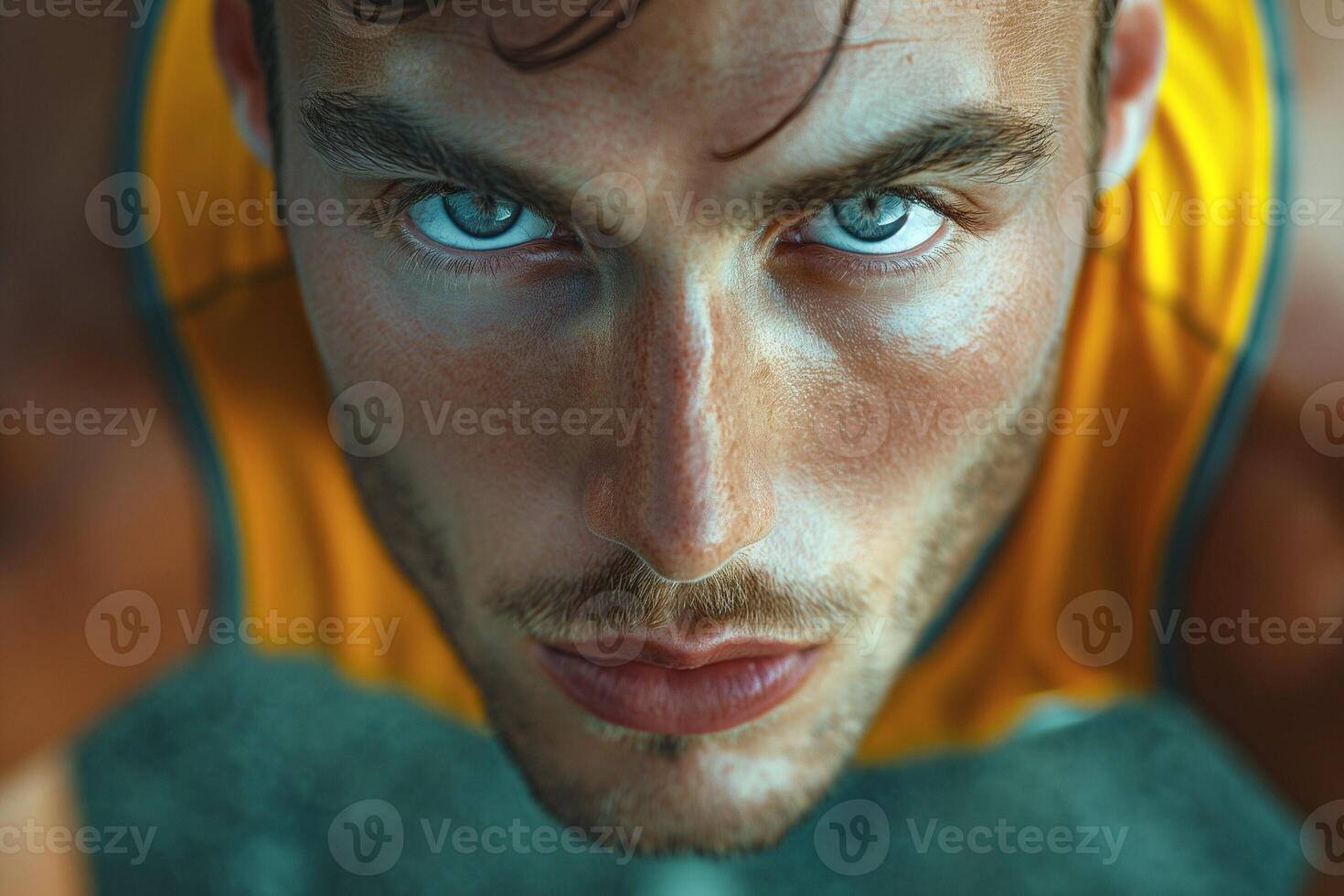 A focused young adult male showcasing intense determination with striking blue eyes in a sporty attire. photo