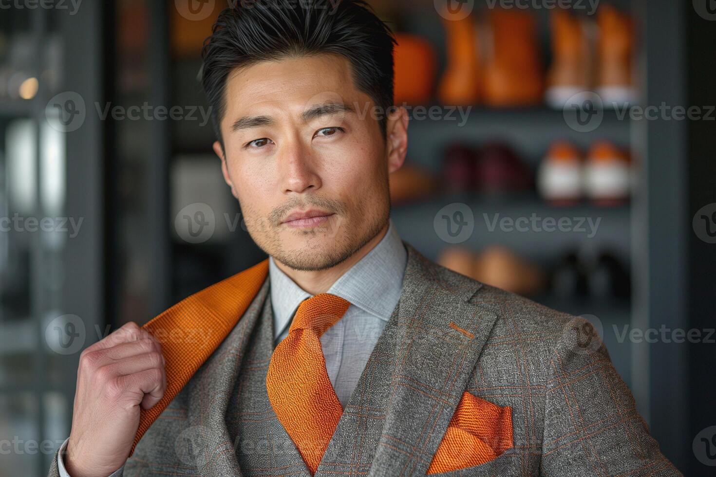 A stylish Asian man in a tailored suit with an orange tie, exuding confidence in a modern setting. photo