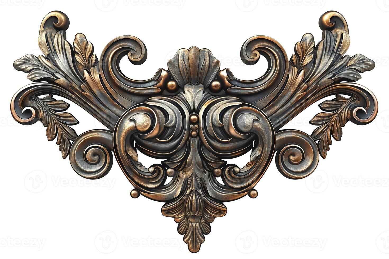 Intricate decorative metallic design showcasing elegant swirls and floral motifs in bronze and silver tones. photo