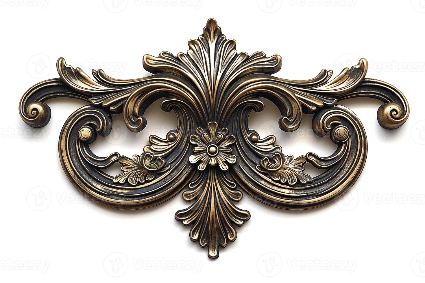 Intricate ornamental design in gold and black, featuring floral motifs and swirling shapes. photo