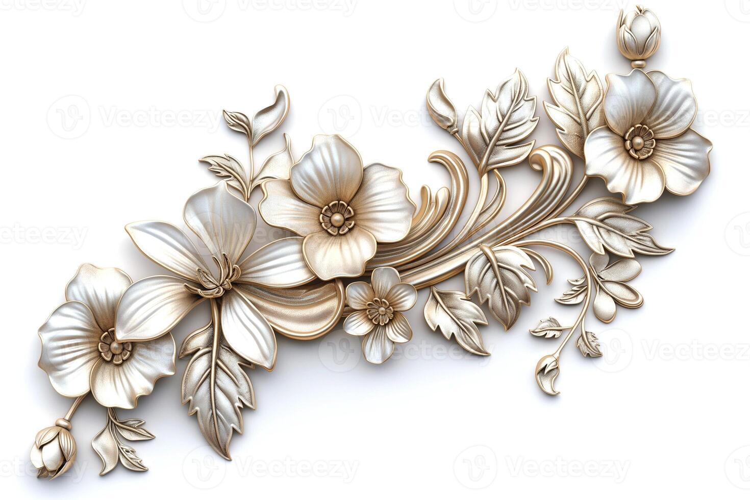 Elegant floral relief design featuring intricate blooms and leaves in soft beige tones. photo