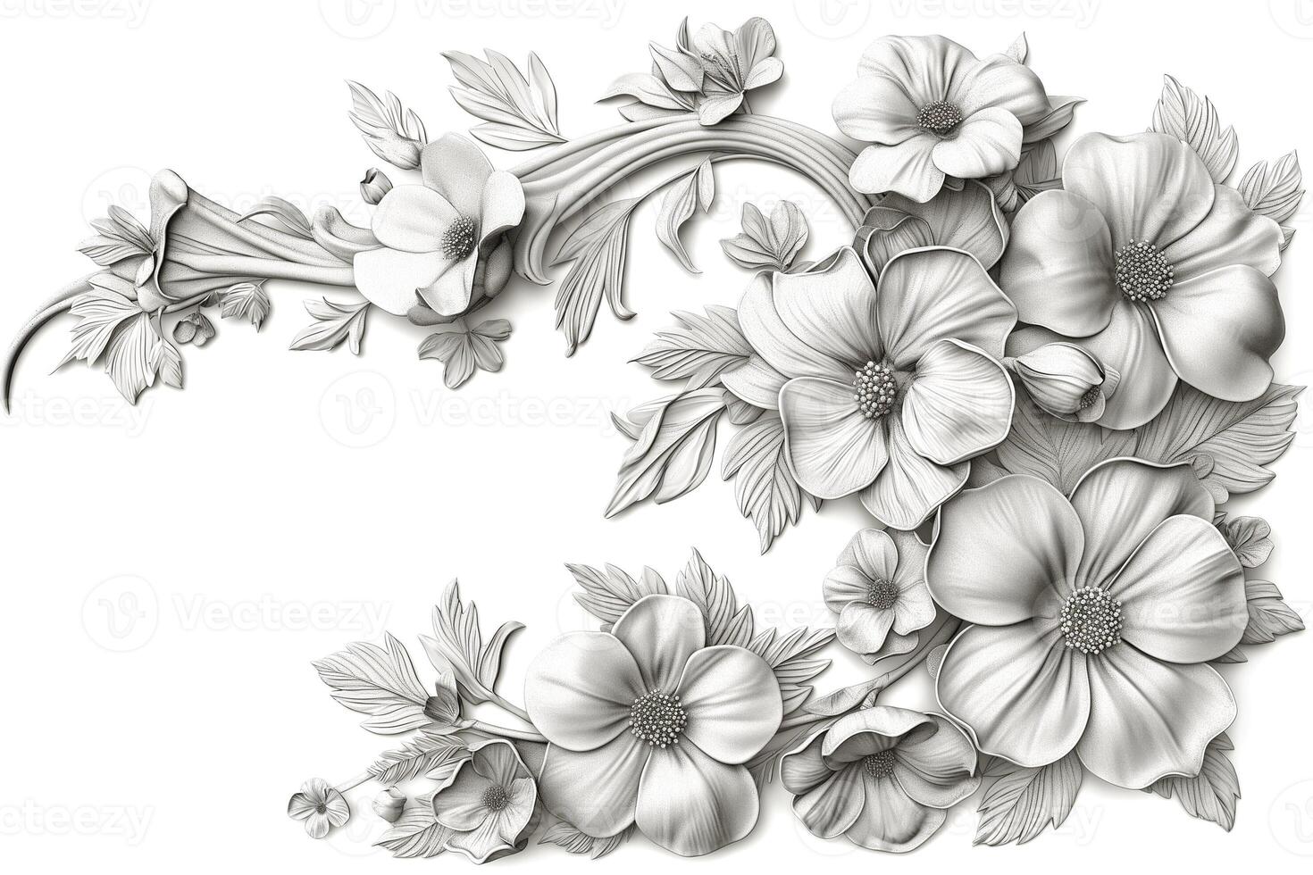 Intricate black and white floral design featuring various blossoms and foliage, conveying elegance and sophistication. photo