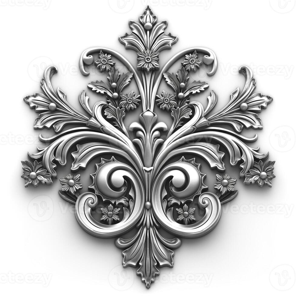 Intricate silver floral design with elegant swirls and leaves on a white background. photo